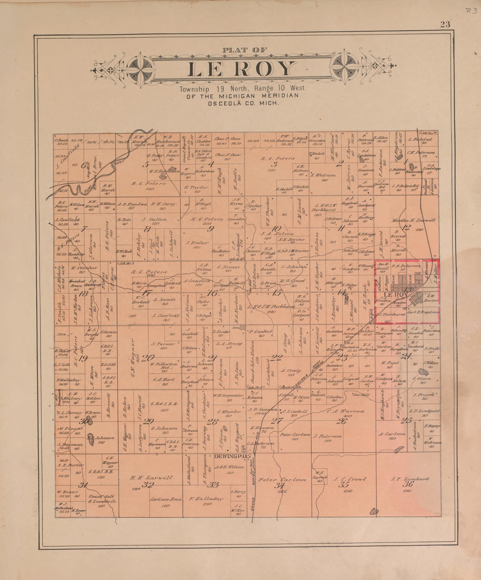 This old map of Le Roy from Plat Book of Osceola County, Michigan from 1900 was created by P.A. & J.W. Myers (Firm) in 1900