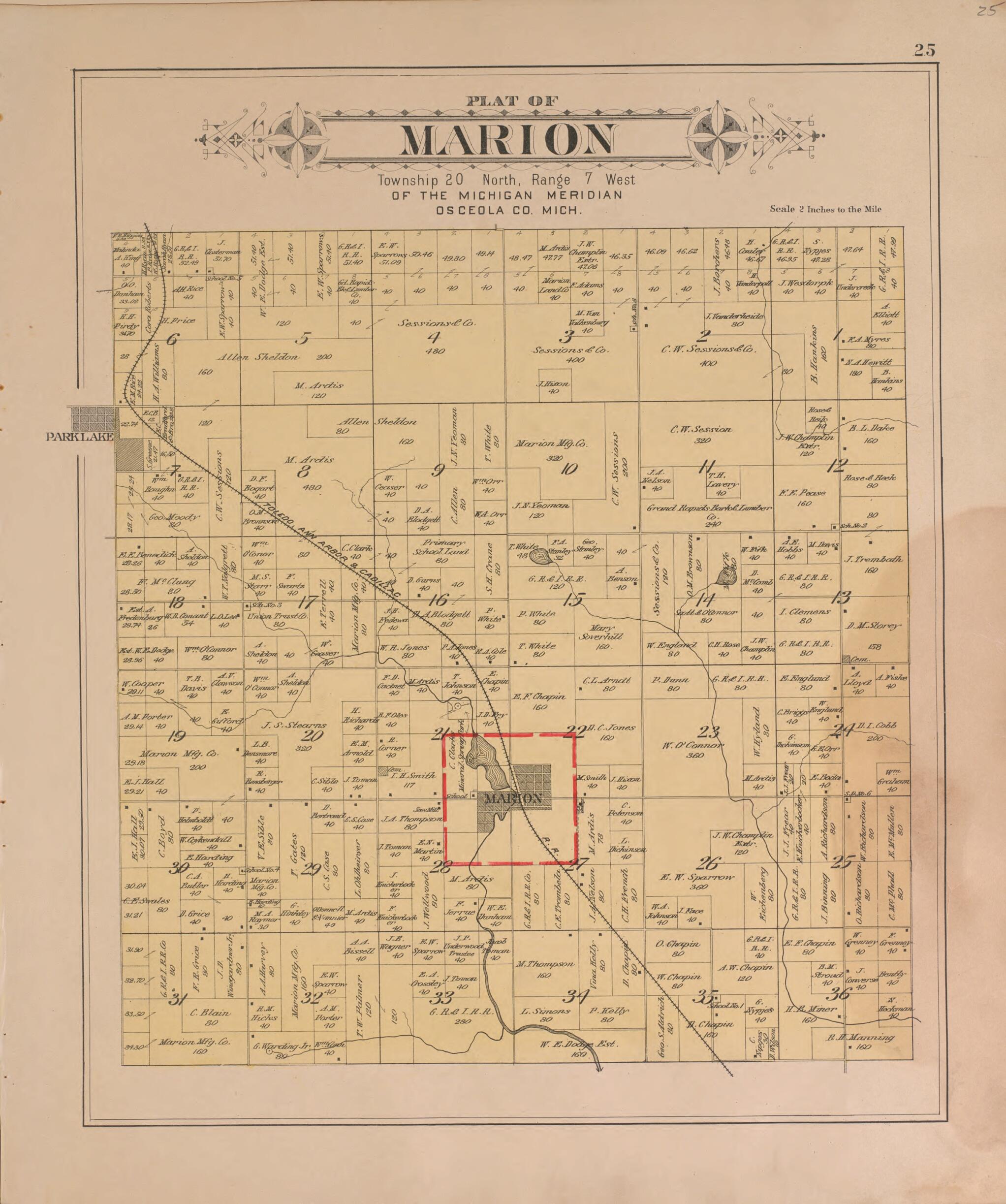 This old map of Marion from Plat Book of Osceola County, Michigan from 1900 was created by P.A. & J.W. Myers (Firm) in 1900