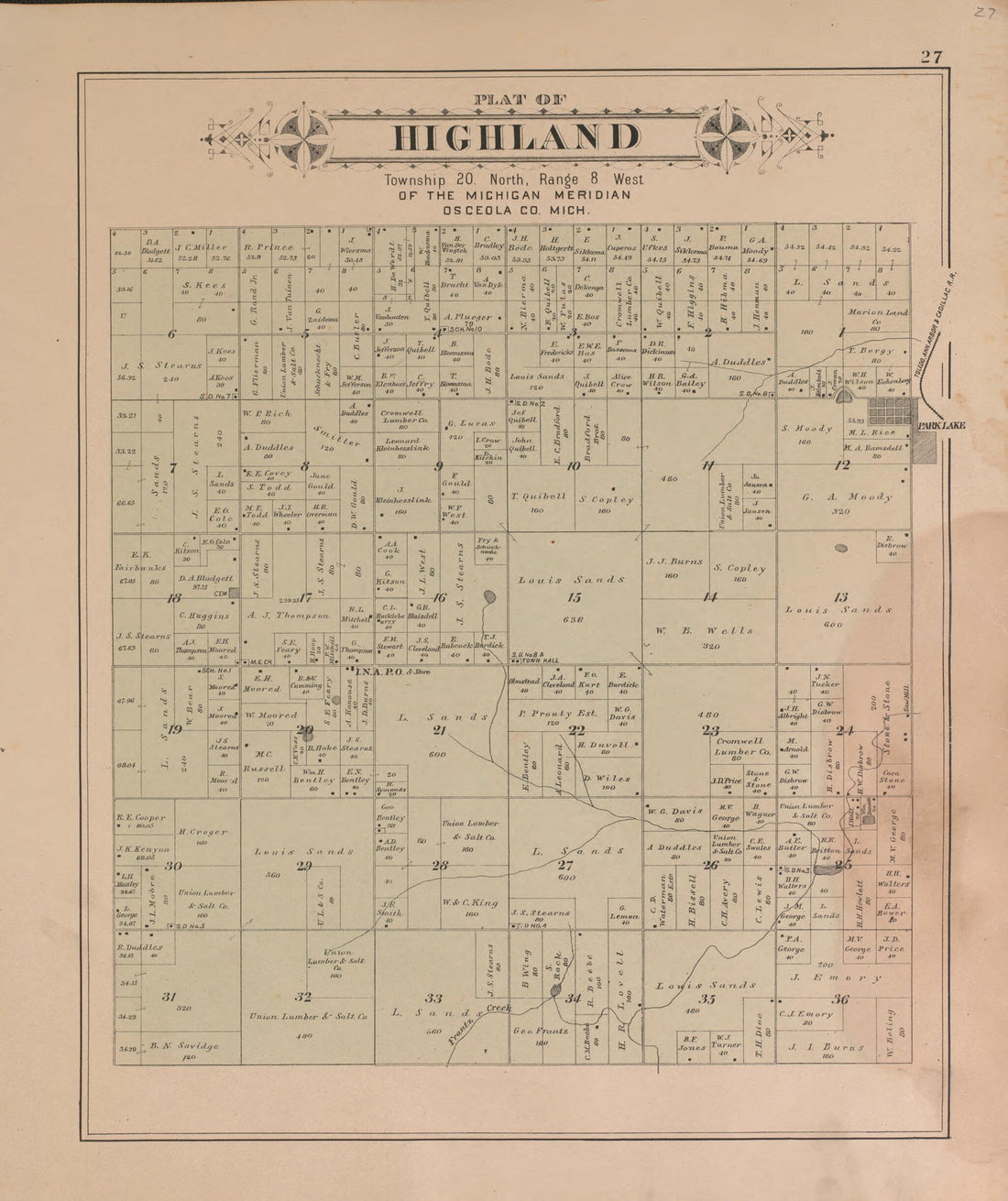 This old map of Highland from Plat Book of Osceola County, Michigan from 1900 was created by P.A. & J.W. Myers (Firm) in 1900