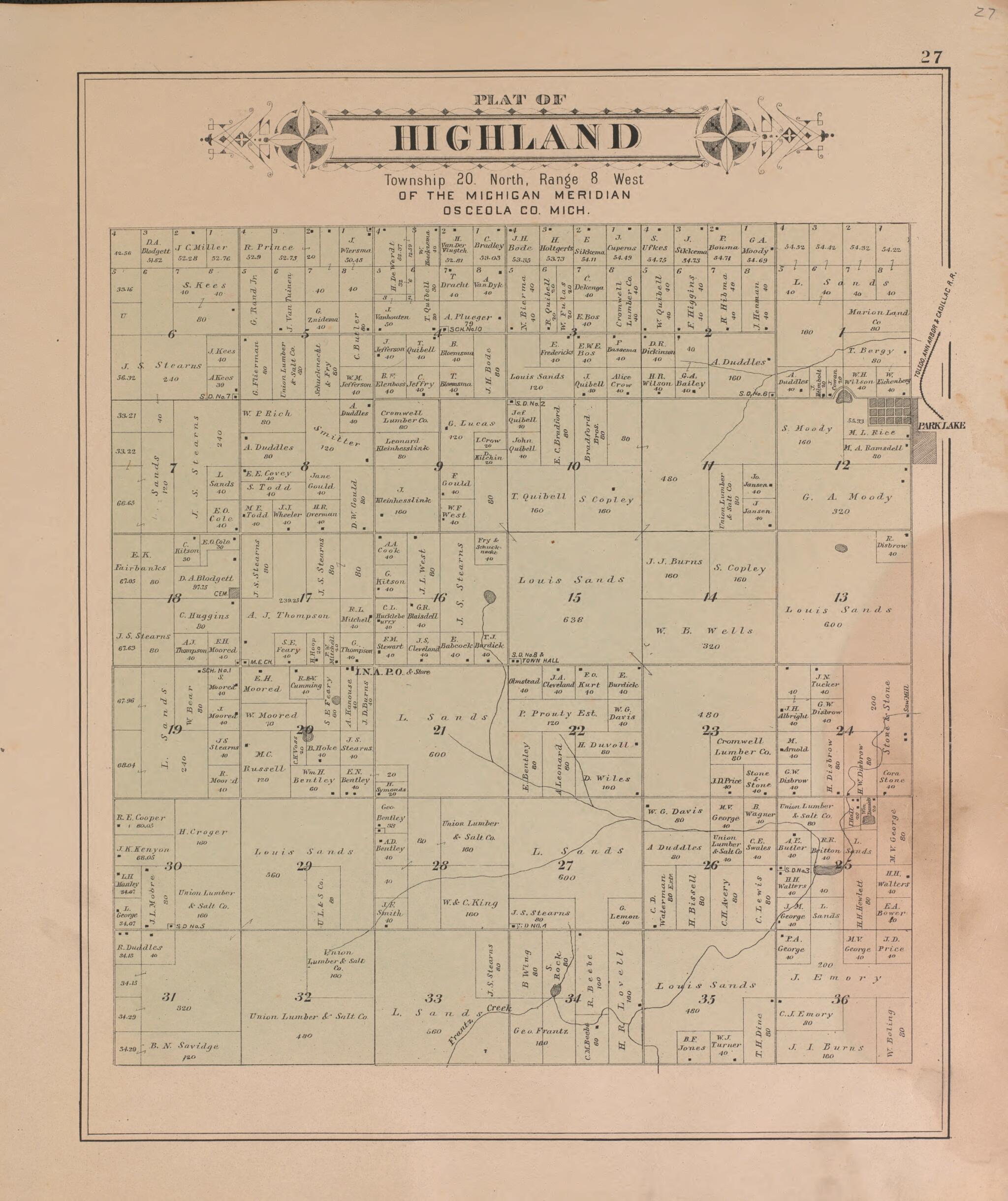 This old map of Highland from Plat Book of Osceola County, Michigan from 1900 was created by P.A. & J.W. Myers (Firm) in 1900