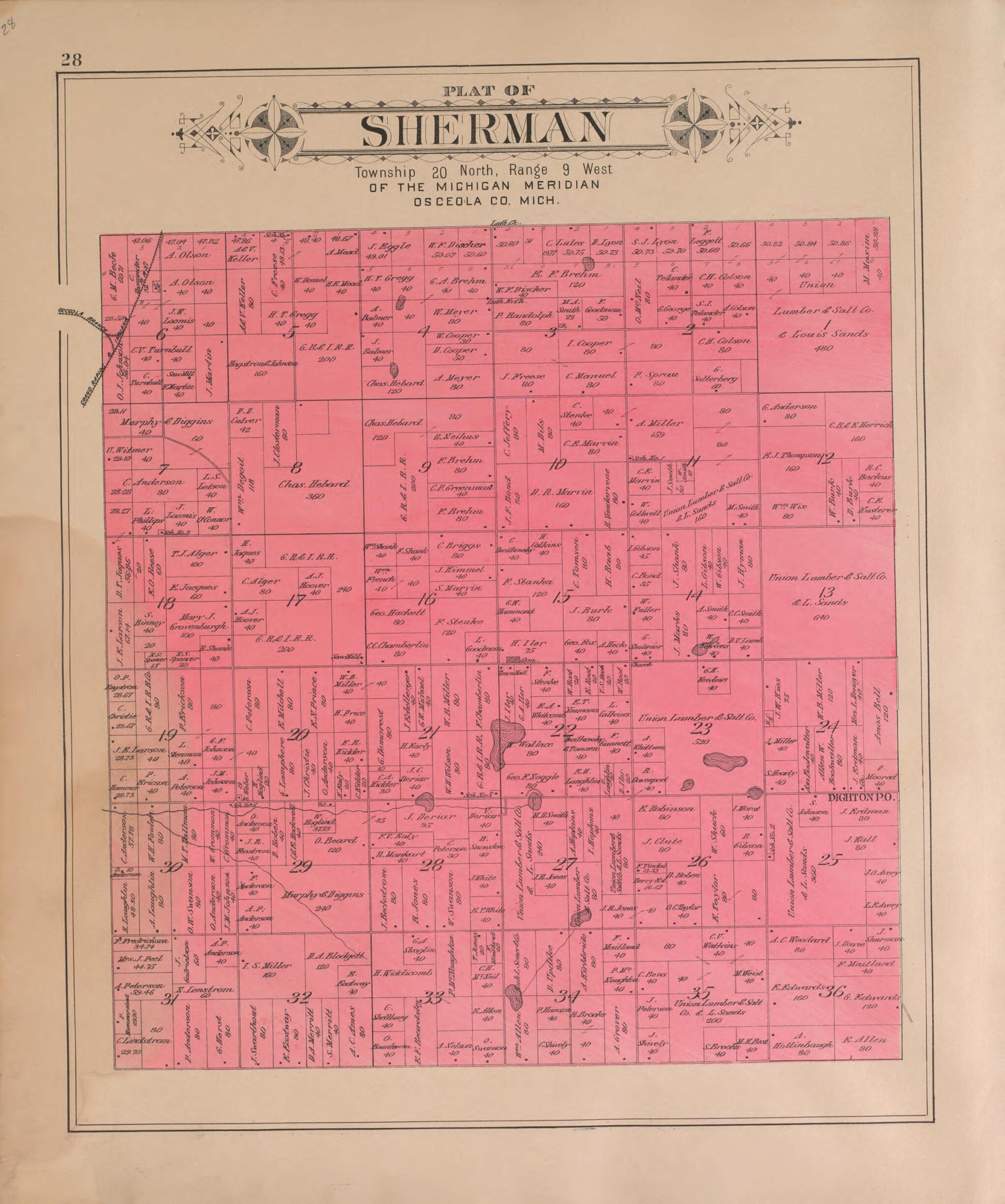 This old map of Sherman from Plat Book of Osceola County, Michigan from 1900 was created by P.A. & J.W. Myers (Firm) in 1900