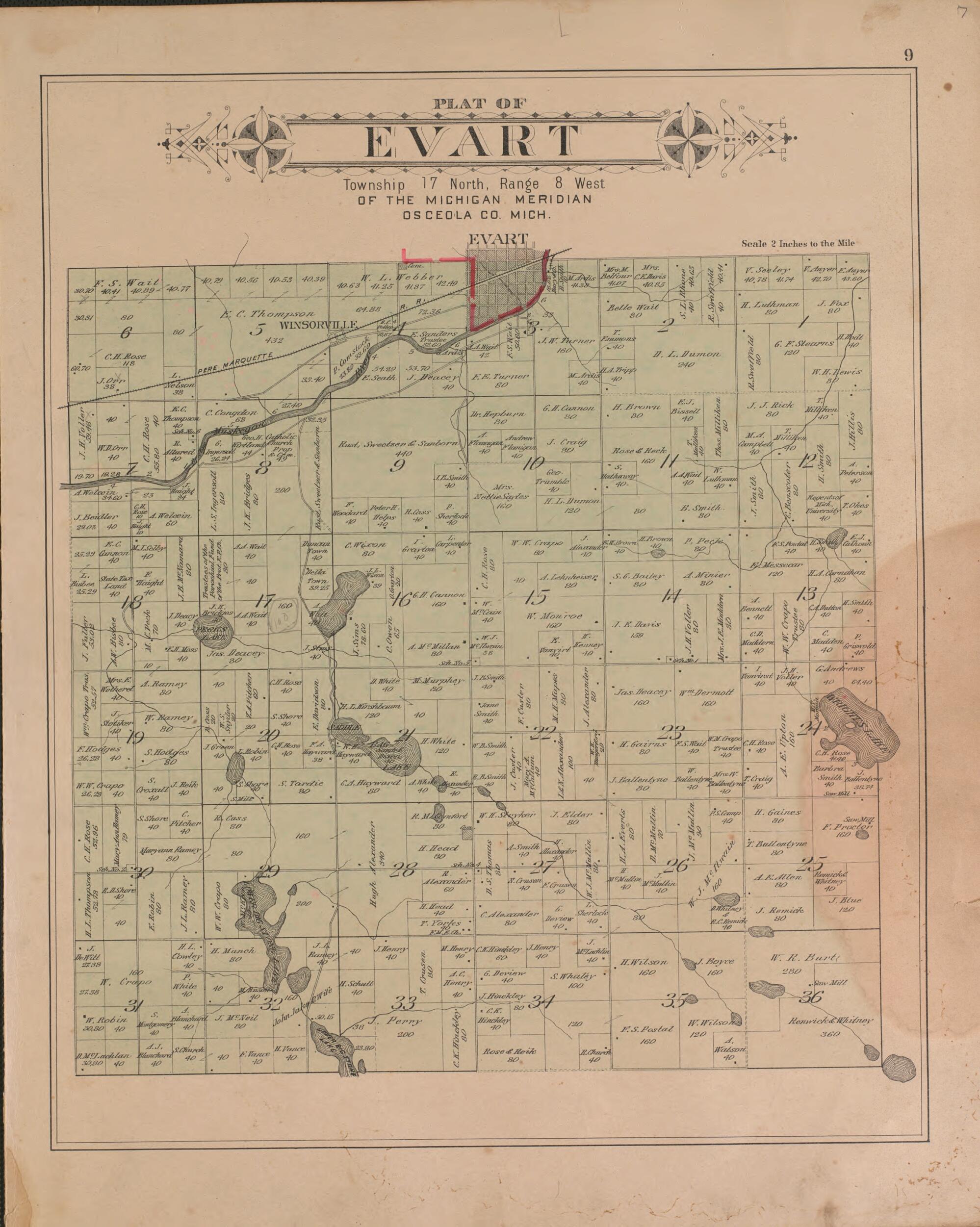This old map of Evart from Plat Book of Osceola County, Michigan from 1900 was created by P.A. & J.W. Myers (Firm) in 1900