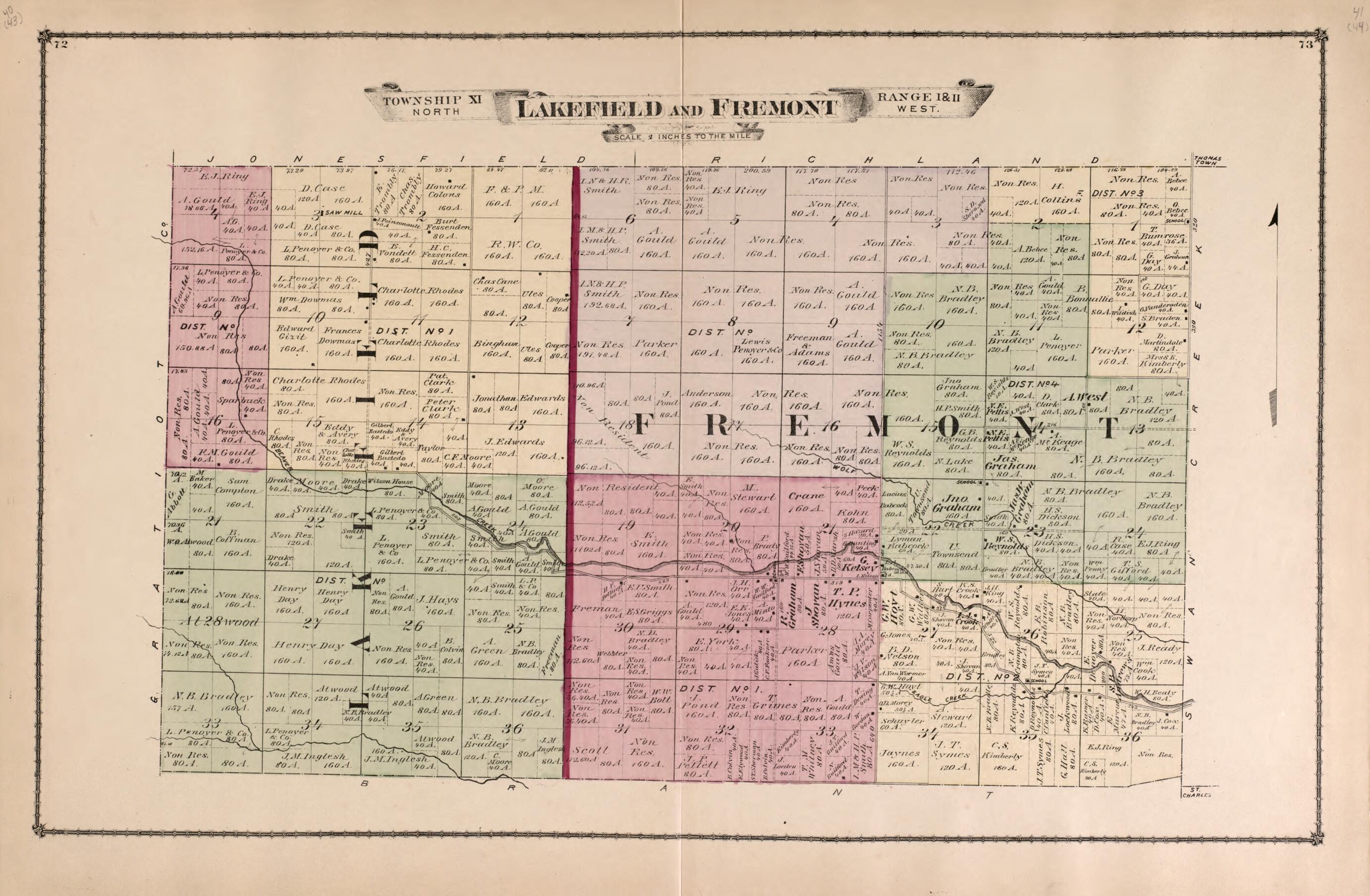 This old map of Lakefield and Fremont Townships from Atlas of Saginaw County, Mich from 1877 was created by Louis E. Neumann in 1877