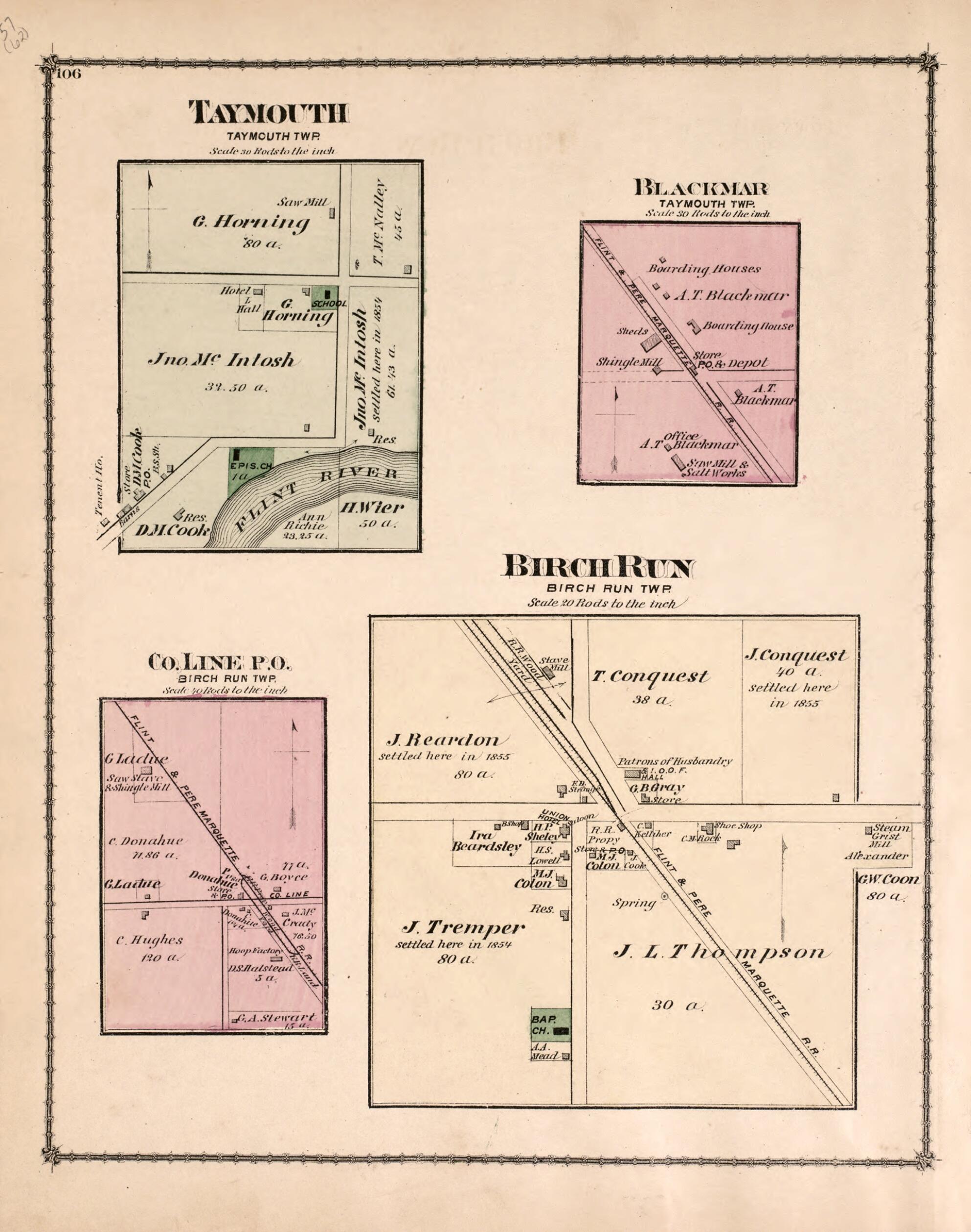 This old map of Taymouth, Blackmar, Co. Line P.O., Birch Run from Atlas of Saginaw County, Mich from 1877 was created by Louis E. Neumann in 1877