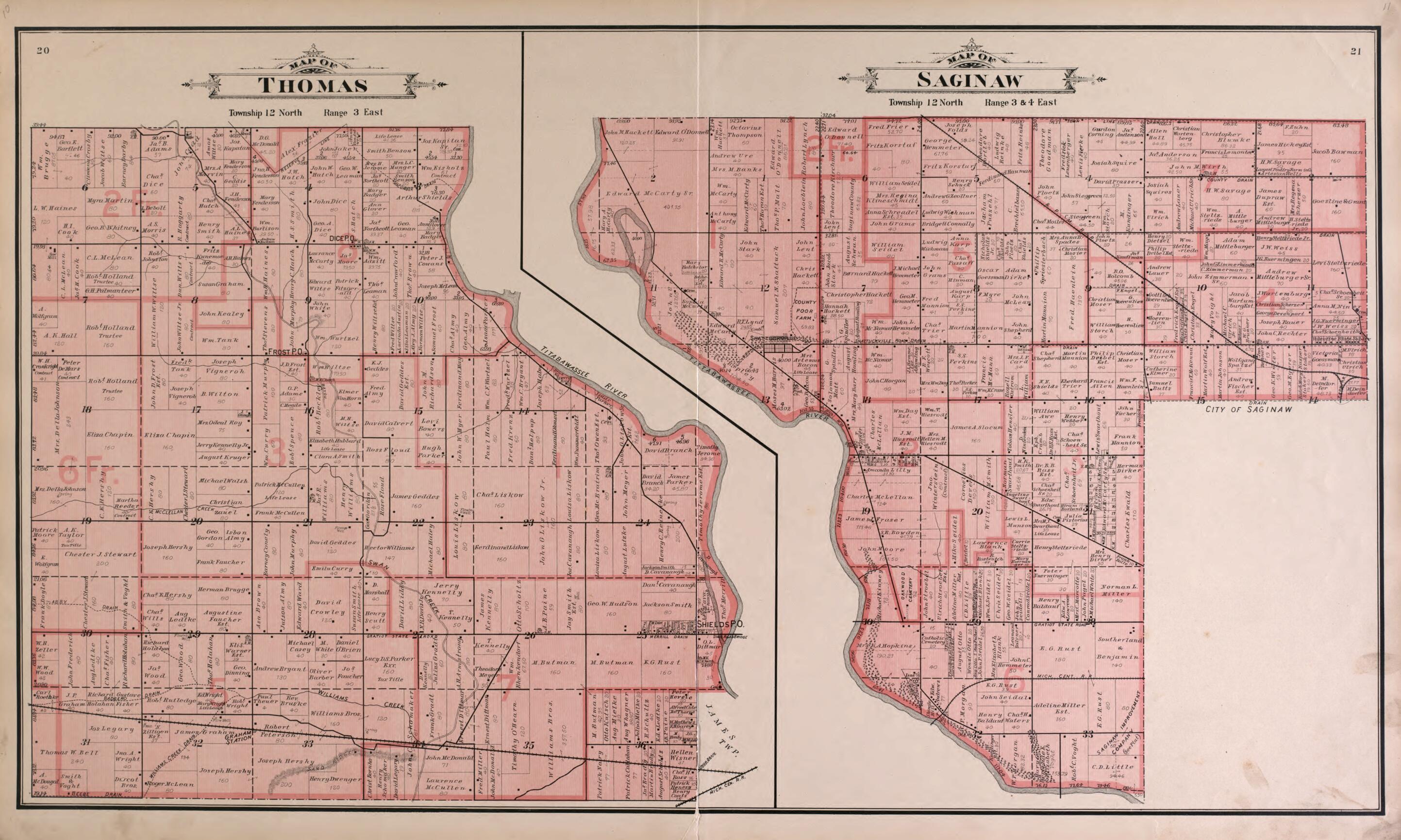 This old map of Thomas and Saginaw Townships from the County of Saginaw, Michigan from 1896 was created by Mich.) Imperial Publishing Co. (Saginaw in 1896