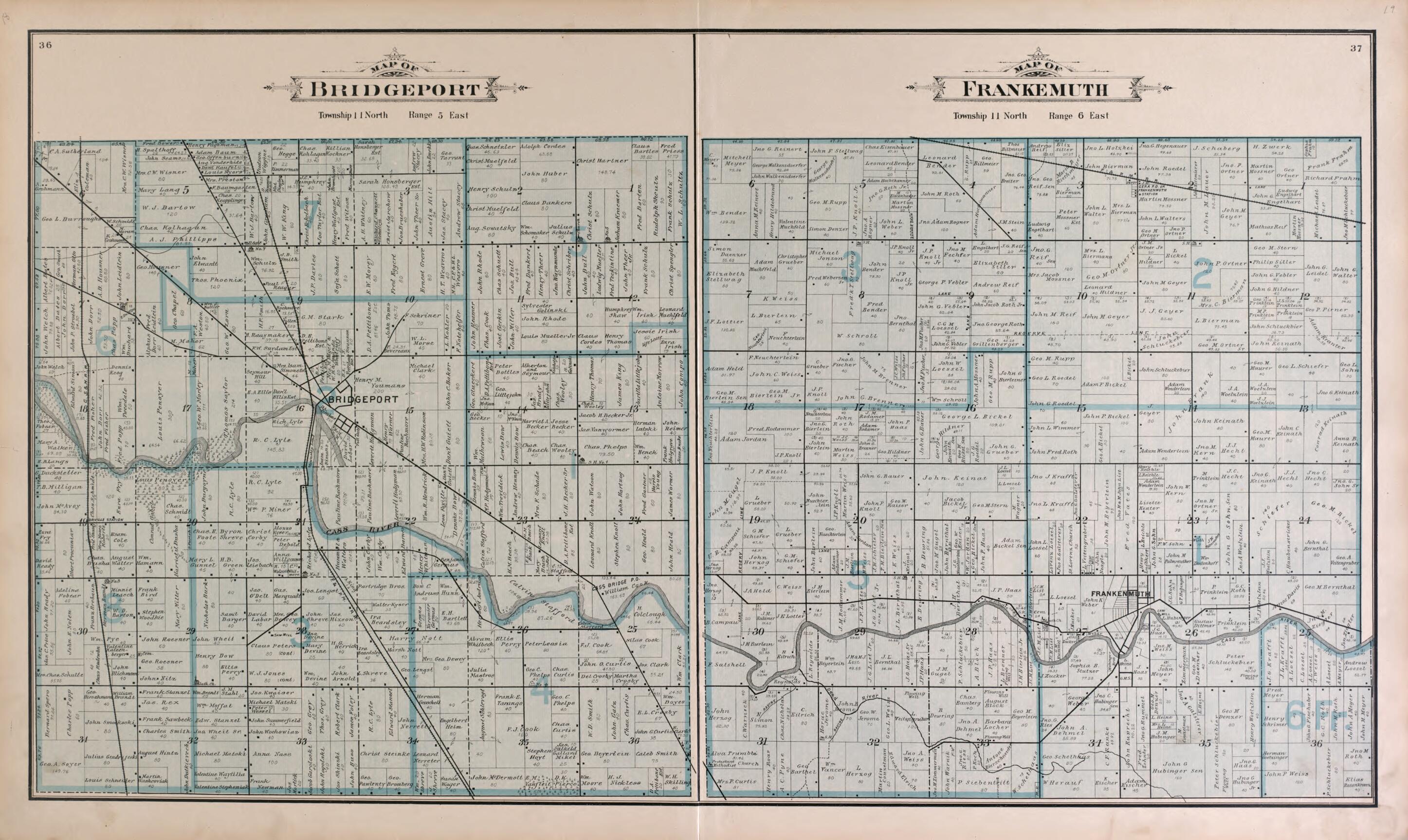 This old map of Bridgeport and Frankenmuth Townships from the County of Saginaw, Michigan from 1896 was created by Mich.) Imperial Publishing Co. (Saginaw in 1896