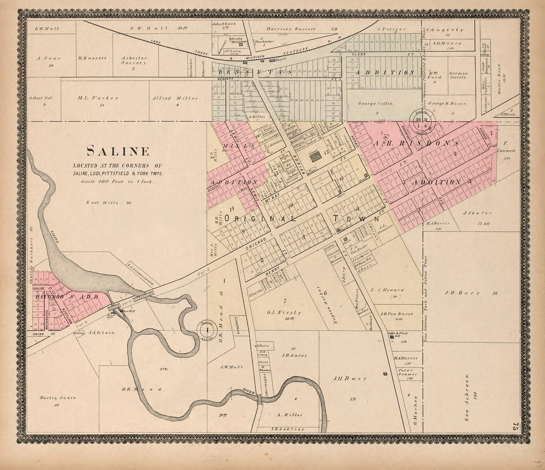 This old map of Saline from Standard Atlas of Washtenaw County, Michigan from 1895 was created by Geo. A. Ogle & Co in 1895