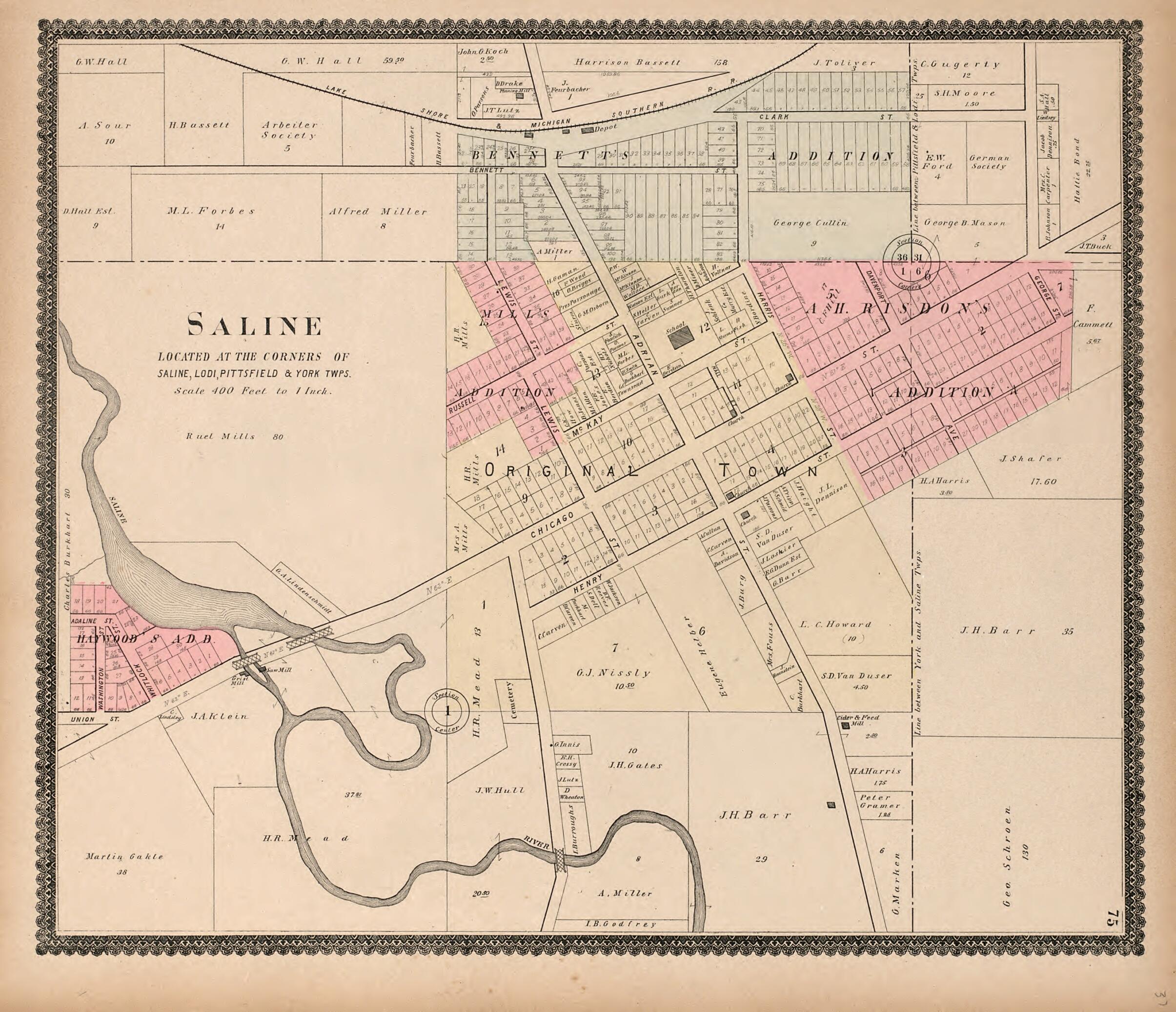 This old map of Saline from Standard Atlas of Washtenaw County, Michigan from 1895 was created by Geo. A. Ogle & Co in 1895