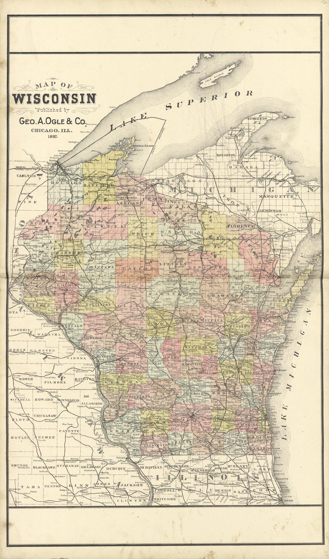 This old map of Map of Wisconsin from Standard Atlas of Buffalo and Pepin Counties, Wisconsin from 1896 was created by Geo. A. Ogle & Co in 1896