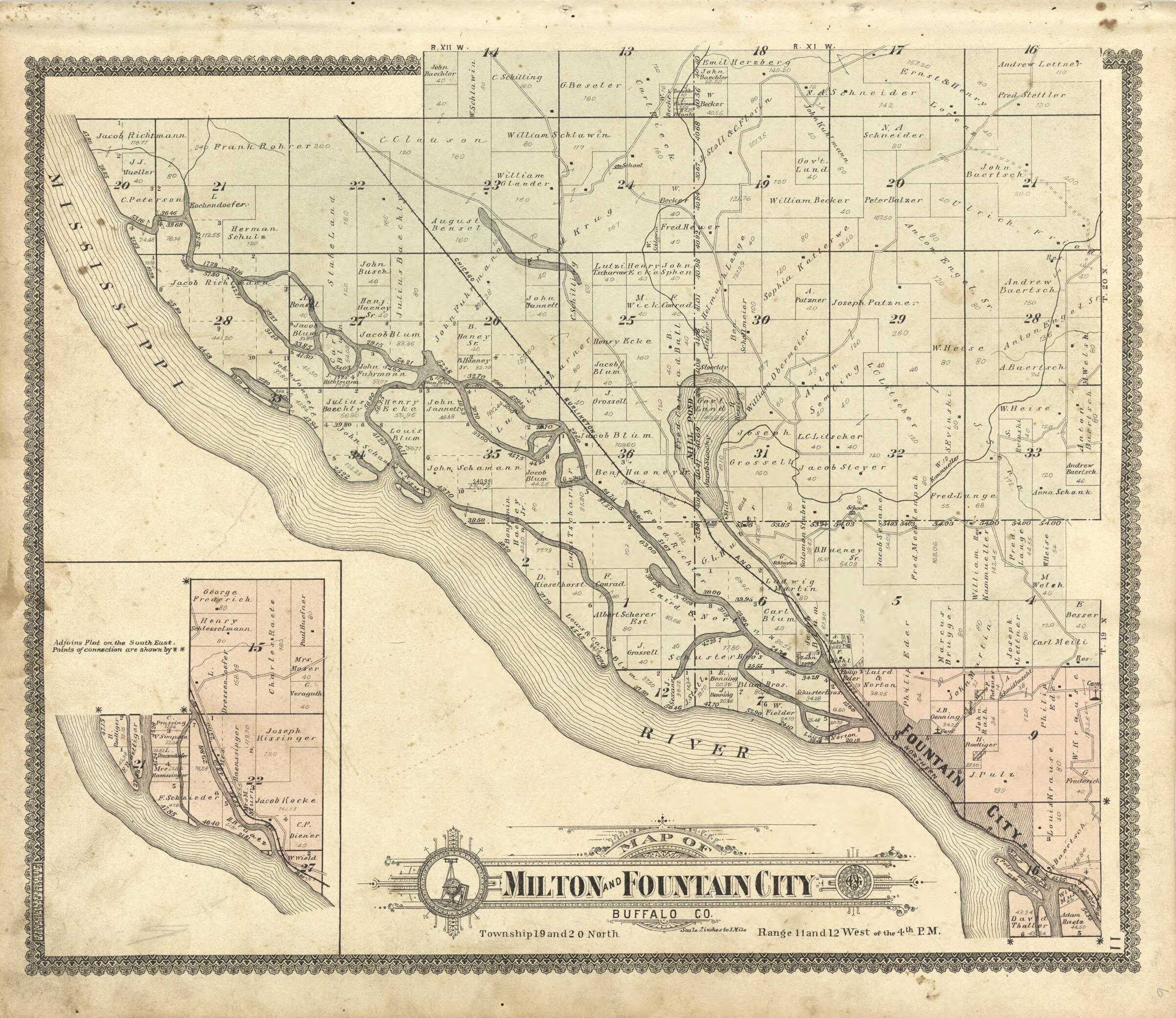 This old map of Map of Milton and Fountain City Buffalo Co. from Standard Atlas of Buffalo and Pepin Counties, Wisconsin from 1896 was created by Geo. A. Ogle & Co in 1896