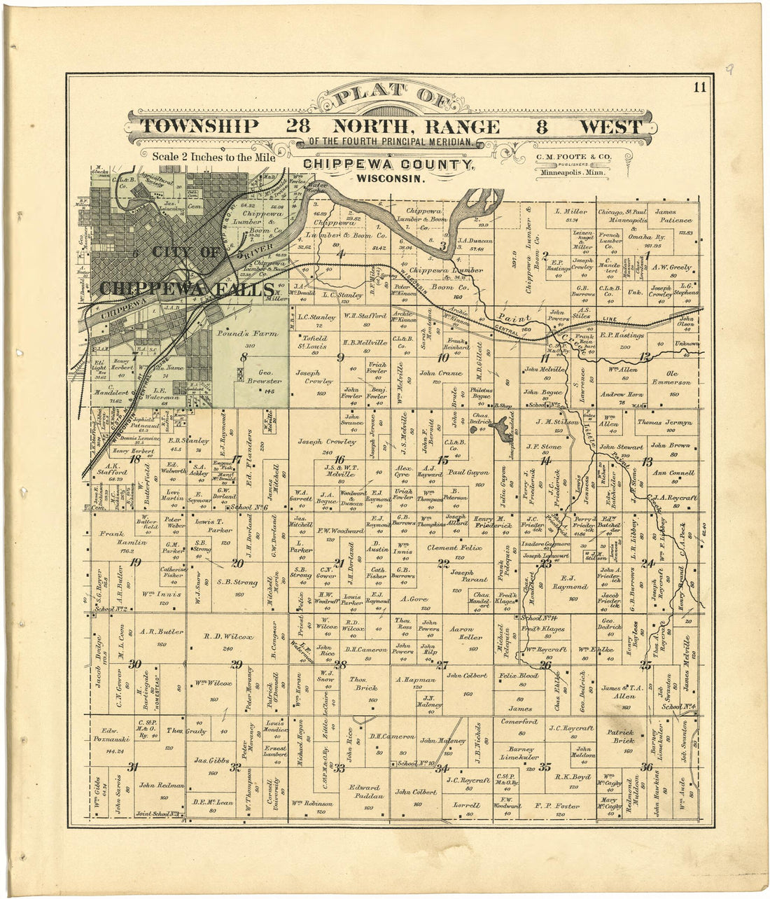 This old map of Plat of Township 28 North, Range 8 West from Plat Book of Chippewa County, Wisconsin from 1888 was created by C. M. (Charles M.) Foote in 1888