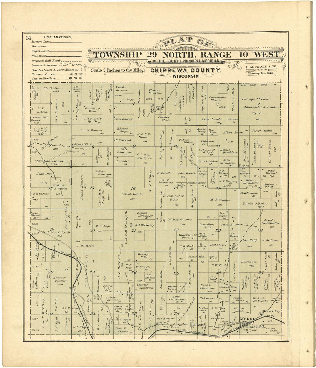 This old map of Plat of Township 29 North, Range 10 West from Plat Book of Chippewa County, Wisconsin from 1888 was created by C. M. (Charles M.) Foote in 1888