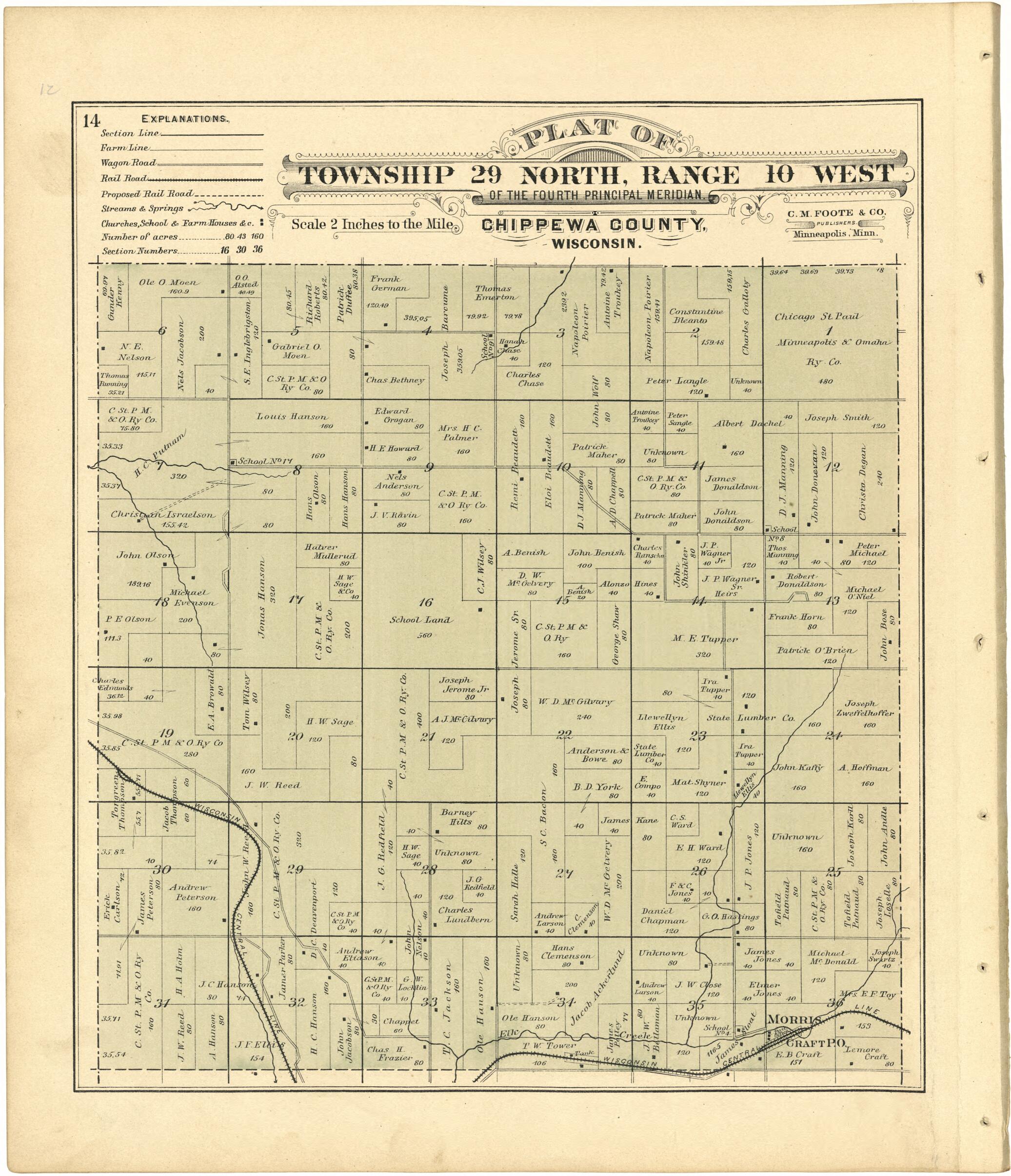 This old map of Plat of Township 29 North, Range 10 West from Plat Book of Chippewa County, Wisconsin from 1888 was created by C. M. (Charles M.) Foote in 1888