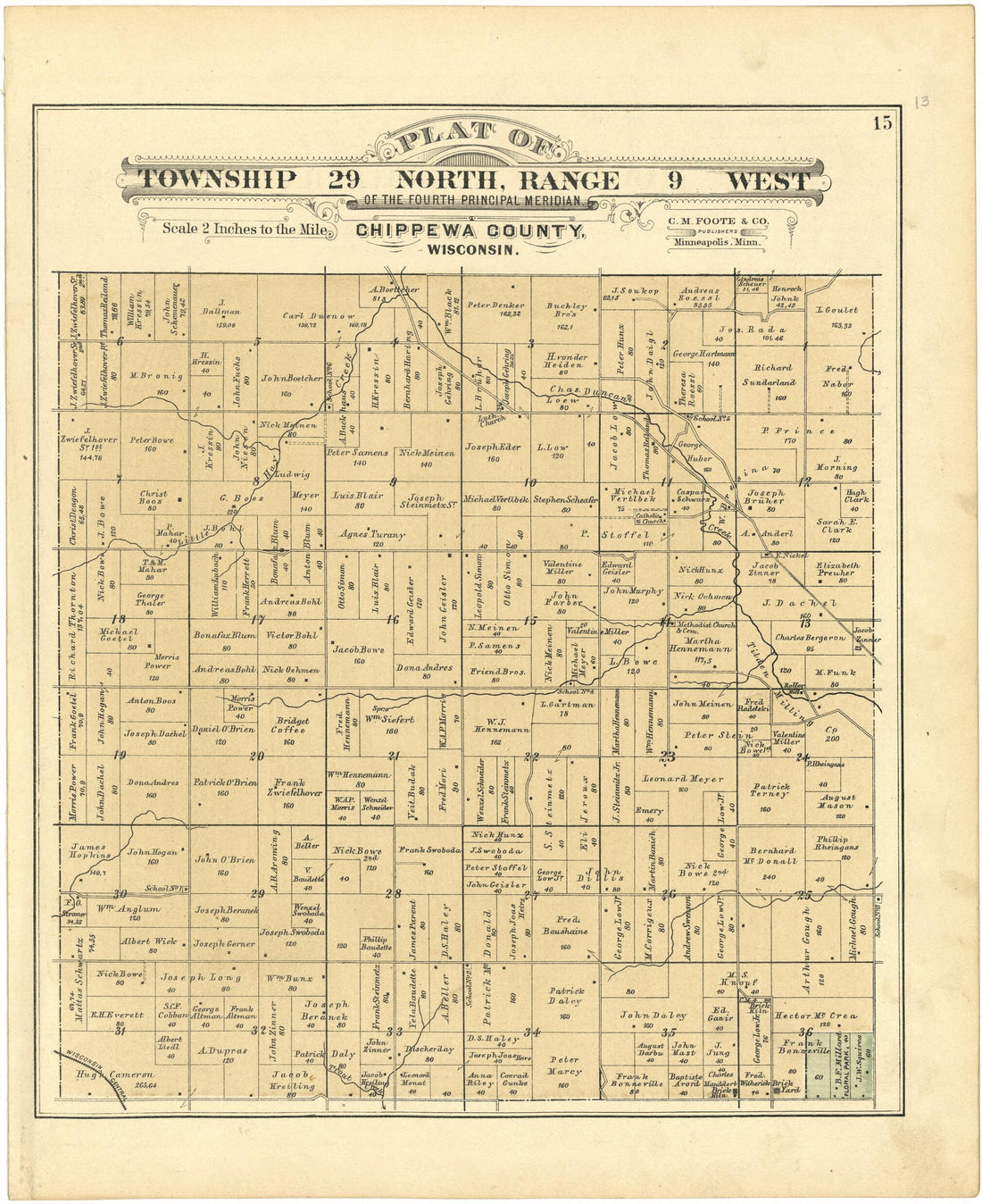 This old map of Plat of Township 29 North, Range 9 West from Plat Book of Chippewa County, Wisconsin from 1888 was created by C. M. (Charles M.) Foote in 1888