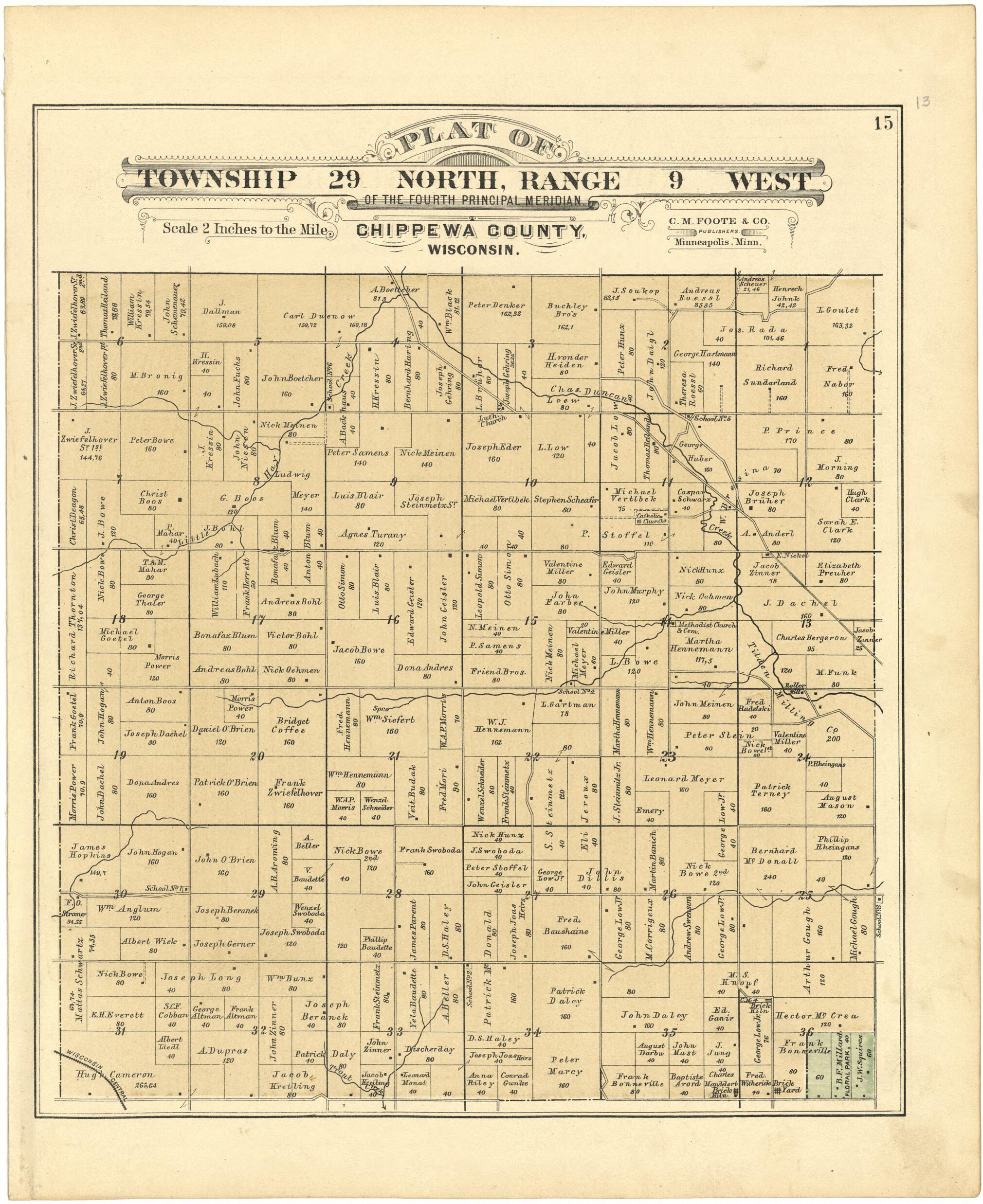 This old map of Plat of Township 29 North, Range 9 West from Plat Book of Chippewa County, Wisconsin from 1888 was created by C. M. (Charles M.) Foote in 1888