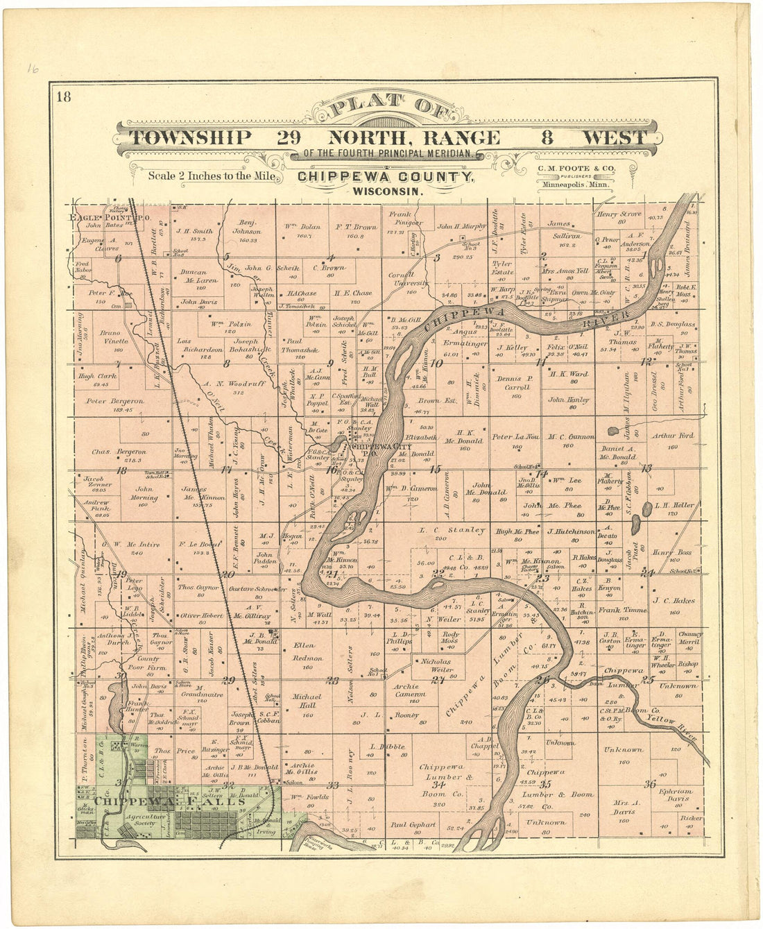 This old map of Plat of Township 29 North, Range 8 West from Plat Book of Chippewa County, Wisconsin from 1888 was created by C. M. (Charles M.) Foote in 1888