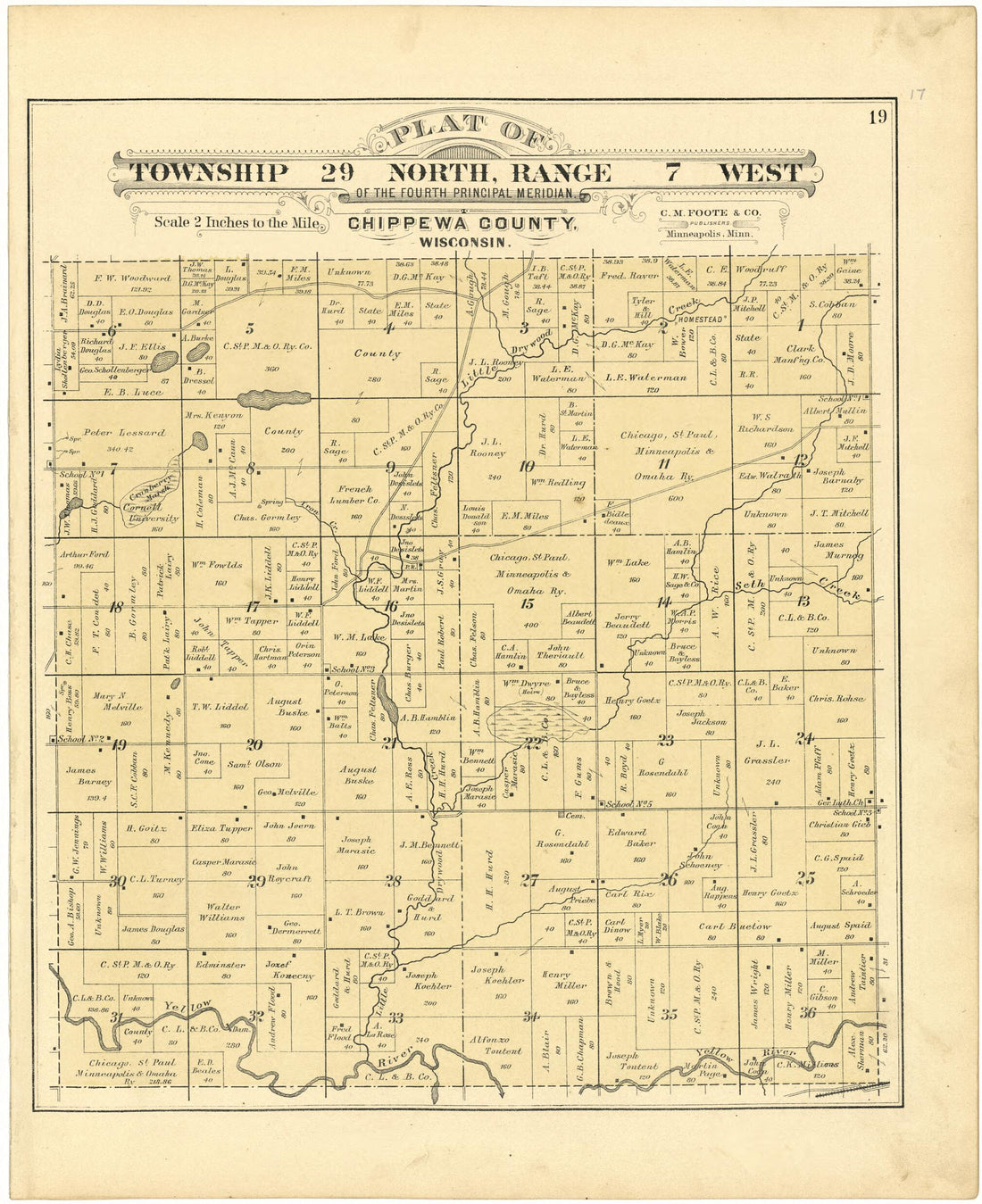 This old map of Plat of Township 29 North, Range 7 West from Plat Book of Chippewa County, Wisconsin from 1888 was created by C. M. (Charles M.) Foote in 1888