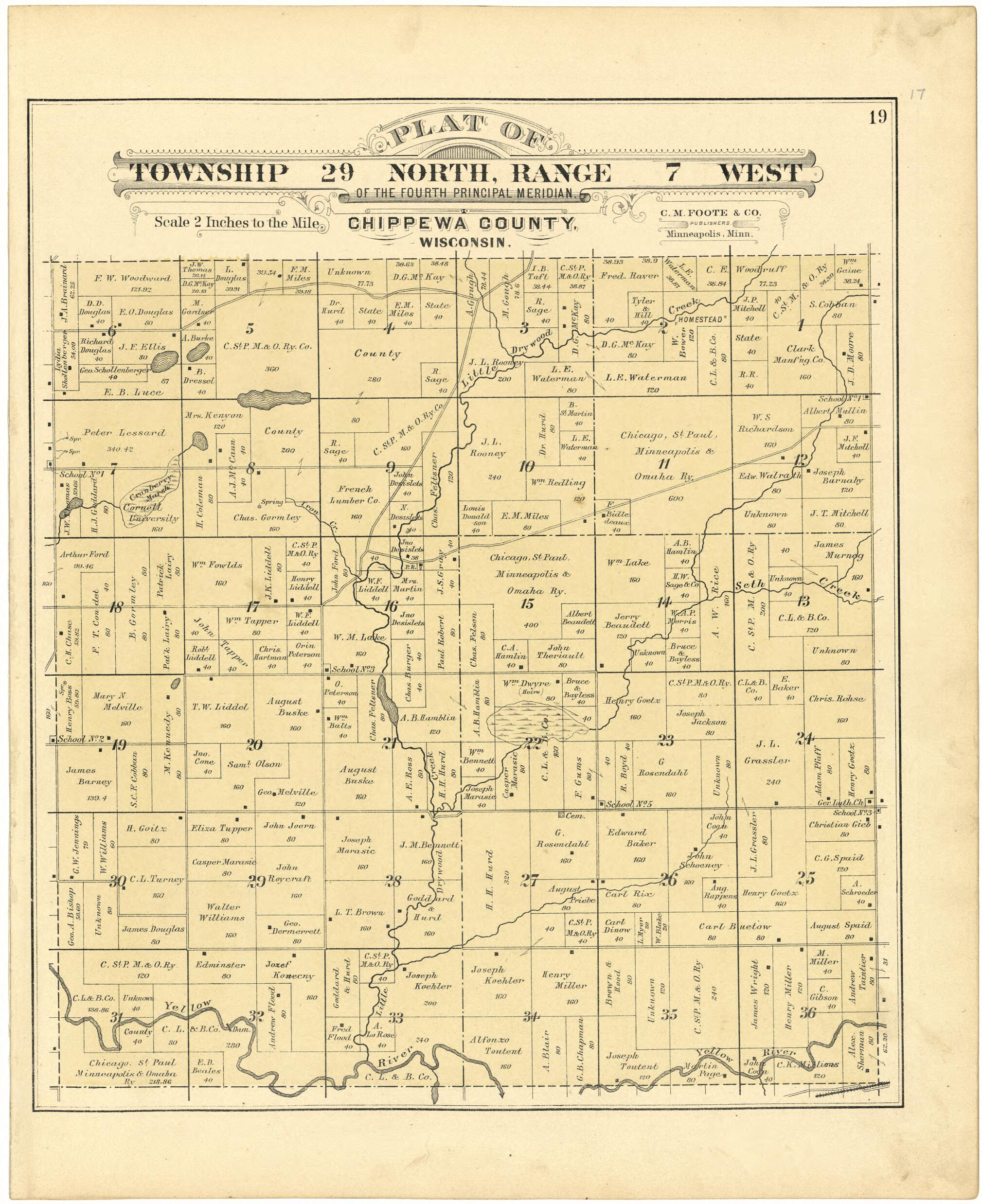 This old map of Plat of Township 29 North, Range 7 West from Plat Book of Chippewa County, Wisconsin from 1888 was created by C. M. (Charles M.) Foote in 1888