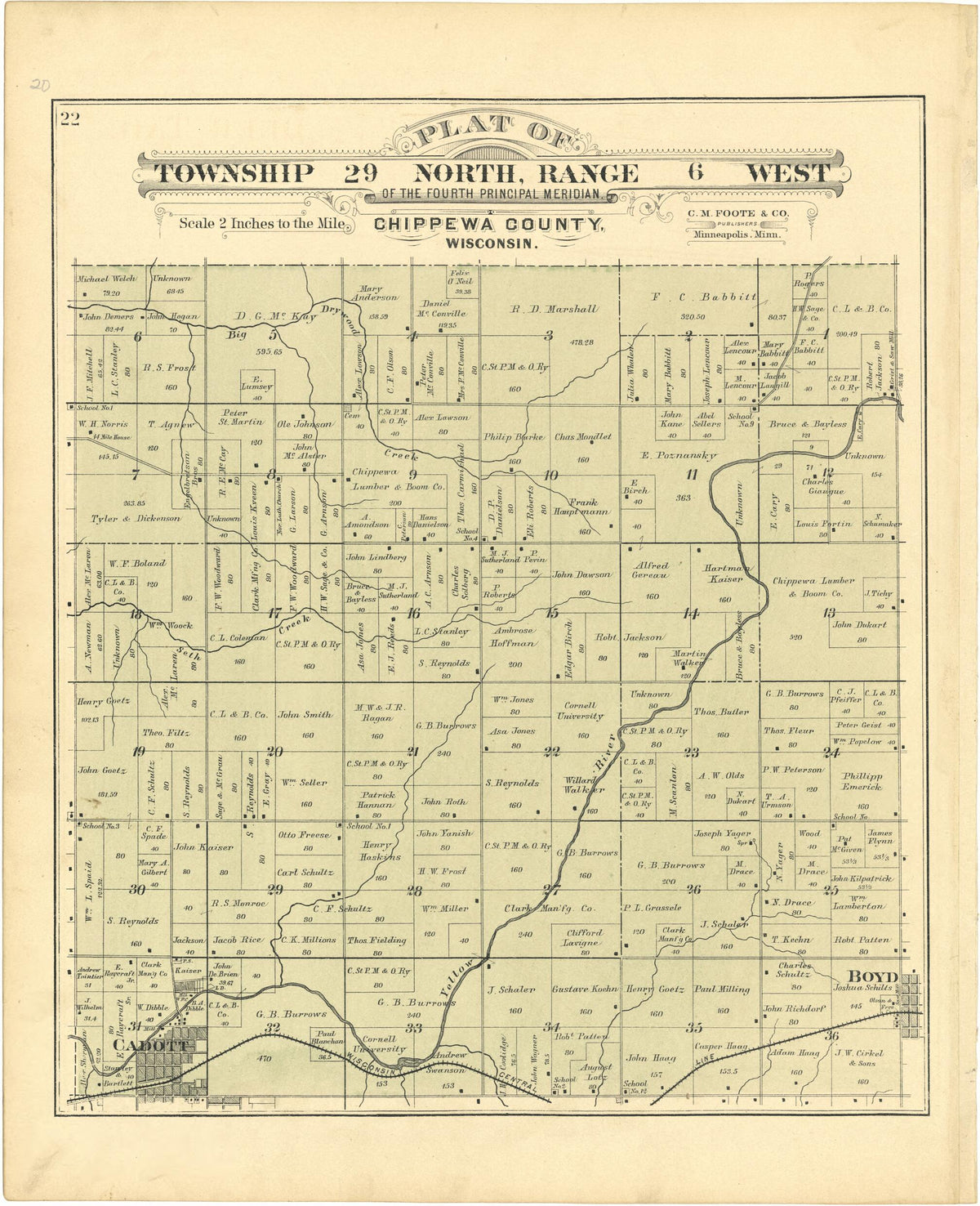 Plat of Township 29 North, Range 6 West from Plat Book of Chippewa County, Wisconsin 1888 by Relic Map Company