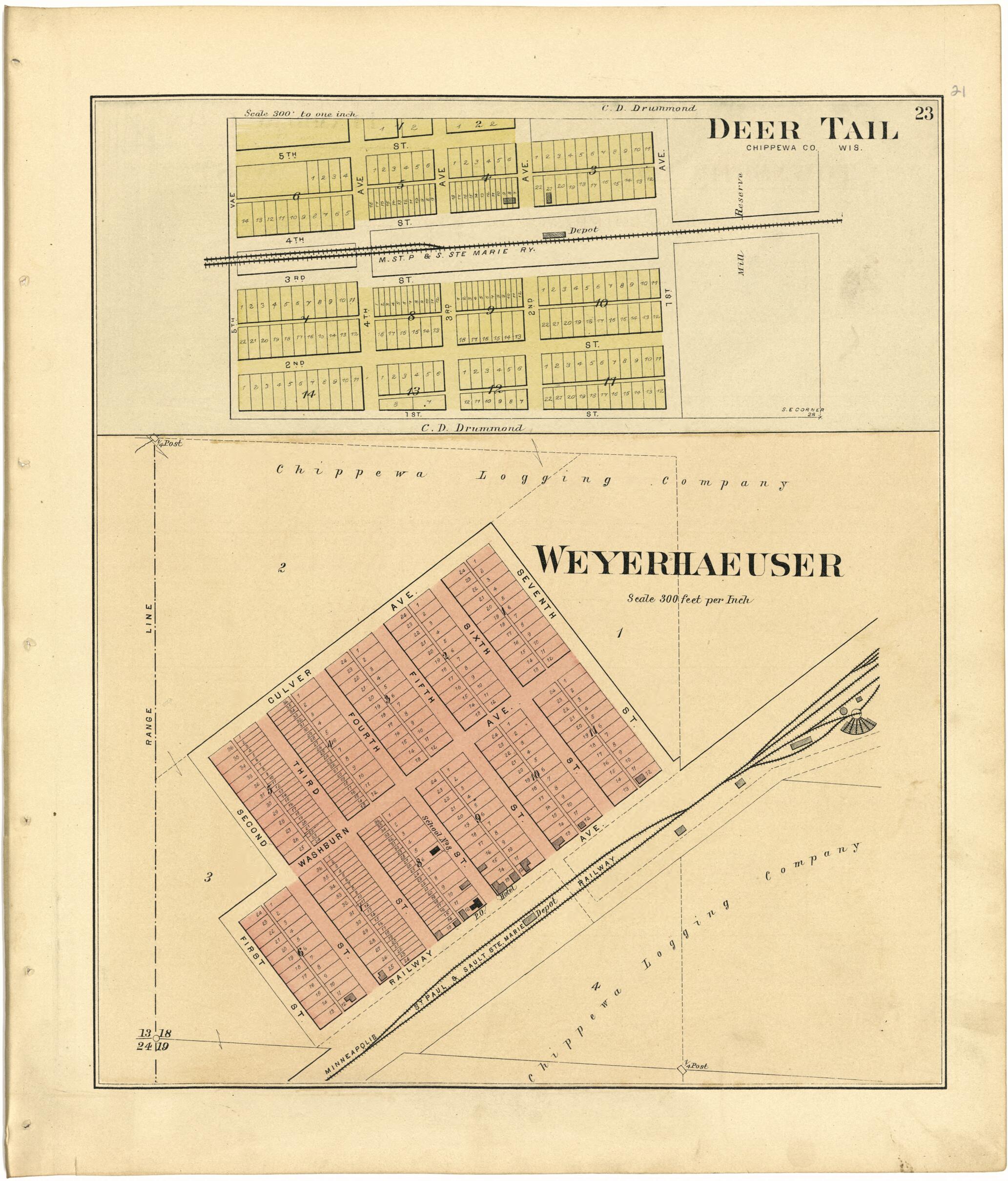This old map of Deer Tail; Weyerhaeuser from Plat Book of Chippewa County, Wisconsin from 1888 was created by C. M. (Charles M.) Foote in 1888