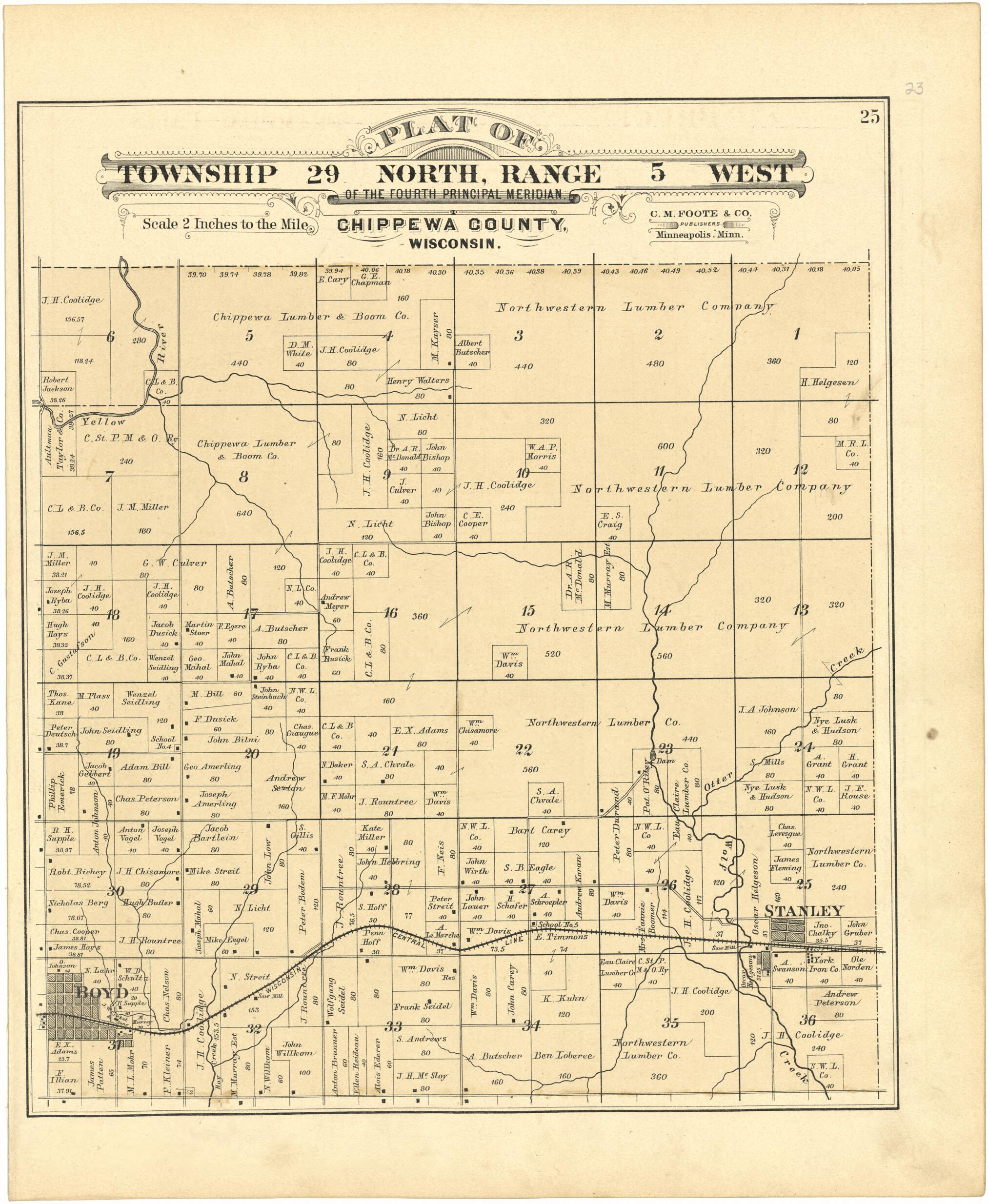 This old map of Plat of Township 29 North, Range 5 West from Plat Book of Chippewa County, Wisconsin from 1888 was created by C. M. (Charles M.) Foote in 1888