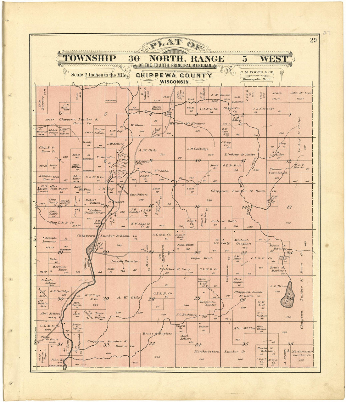 This old map of Plat of Township 30 North, Range 5 West from Plat Book of Chippewa County, Wisconsin from 1888 was created by C. M. (Charles M.) Foote in 1888