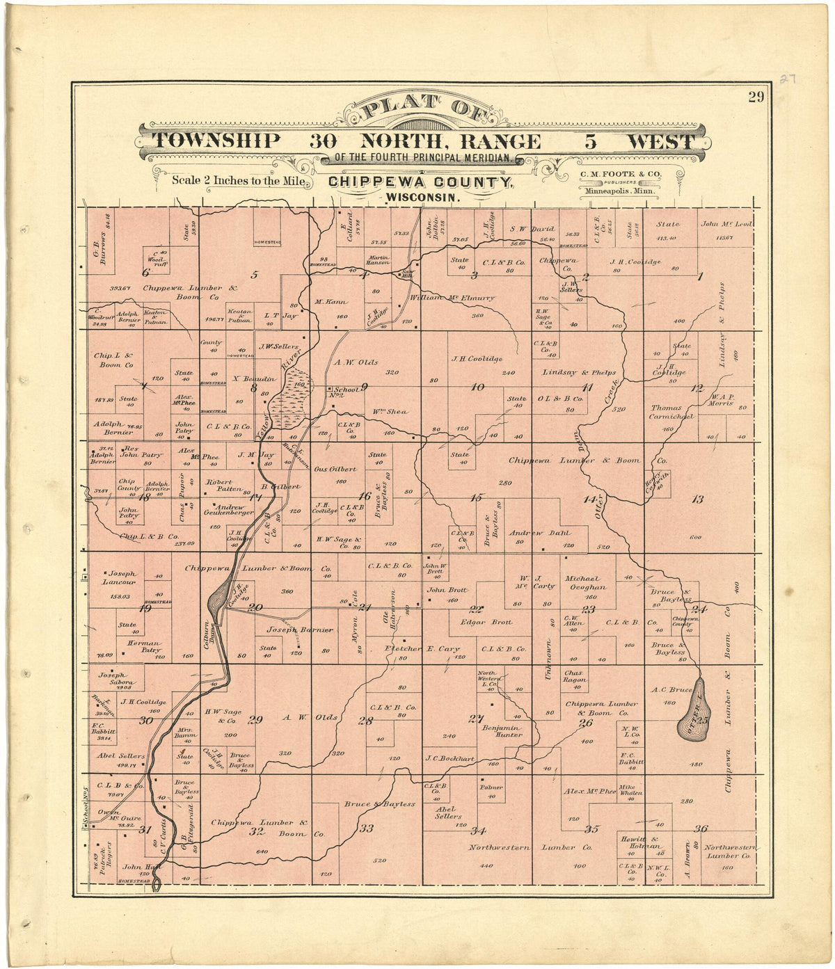 Plat of Township 30 North, Range 5 West from Plat Book of Chippewa County, Wisconsin 1888 by Relic Map Company