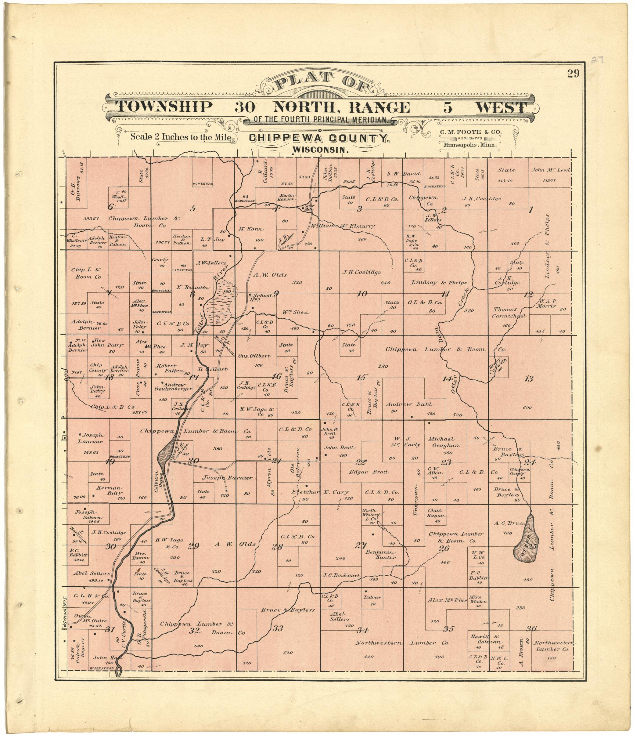 This old map of Plat of Township 30 North, Range 5 West from Plat Book of Chippewa County, Wisconsin from 1888 was created by C. M. (Charles M.) Foote in 1888