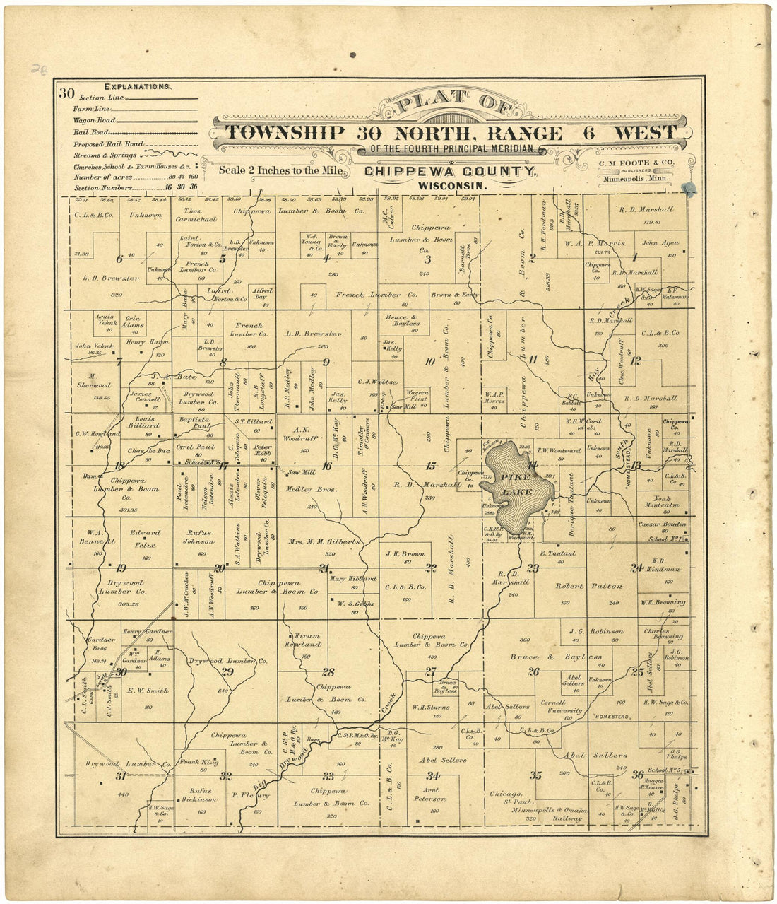 This old map of Plat of Township 30 North, Range 6 West from Plat Book of Chippewa County, Wisconsin from 1888 was created by C. M. (Charles M.) Foote in 1888