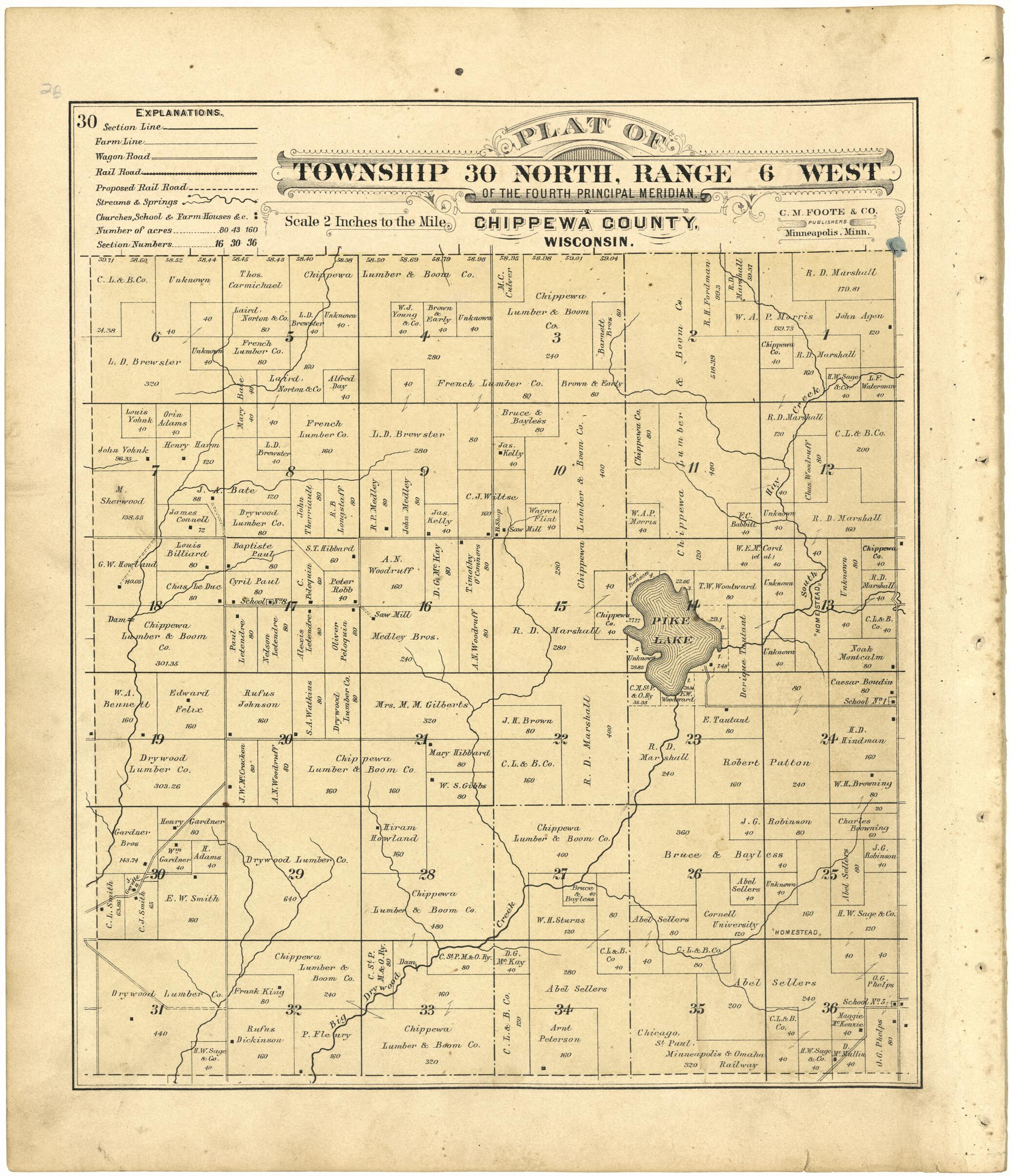 This old map of Plat of Township 30 North, Range 6 West from Plat Book of Chippewa County, Wisconsin from 1888 was created by C. M. (Charles M.) Foote in 1888