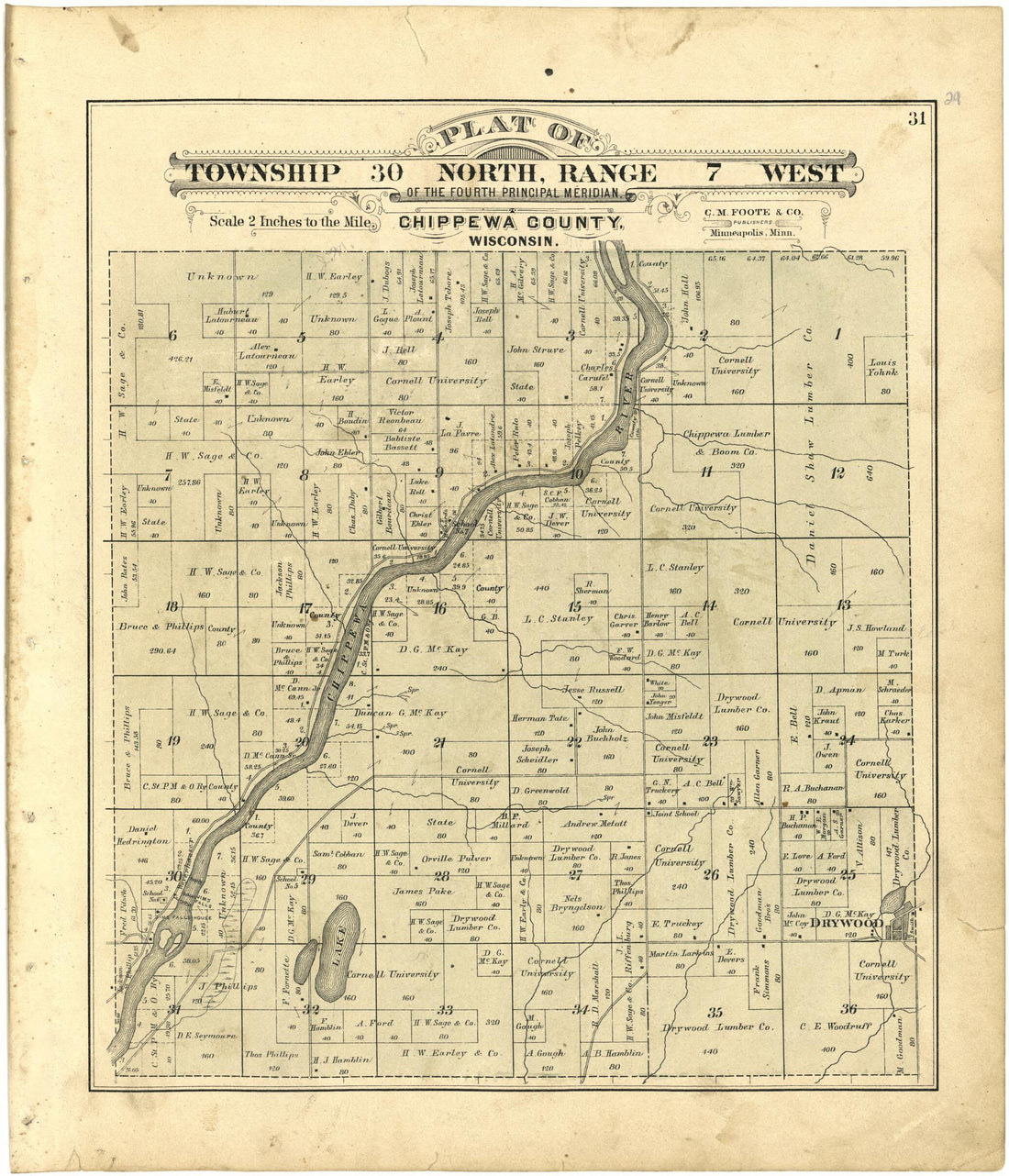 This old map of Plat of Township 30 North, Range 7 West from Plat Book of Chippewa County, Wisconsin from 1888 was created by C. M. (Charles M.) Foote in 1888
