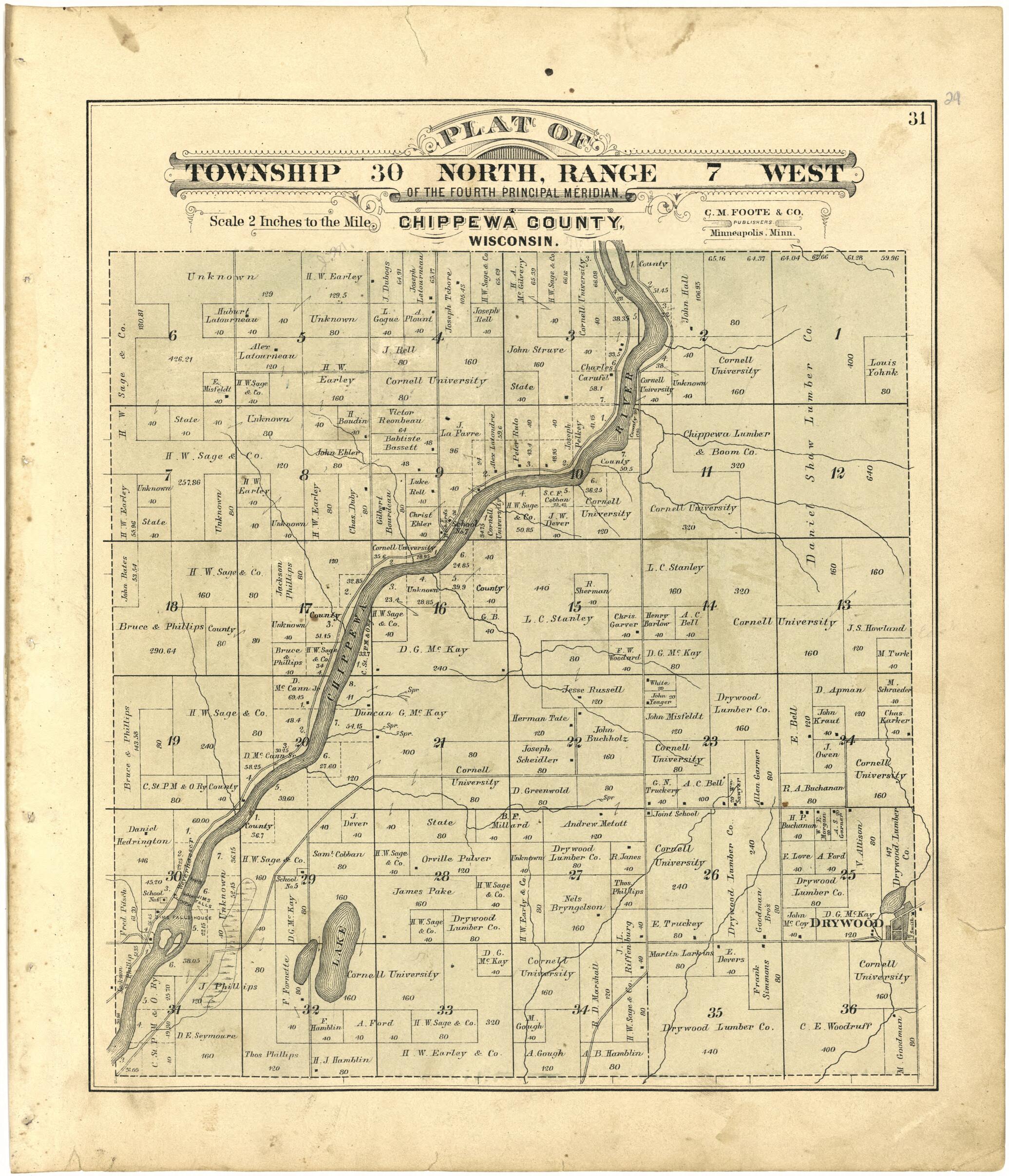 This old map of Plat of Township 30 North, Range 7 West from Plat Book of Chippewa County, Wisconsin from 1888 was created by C. M. (Charles M.) Foote in 1888