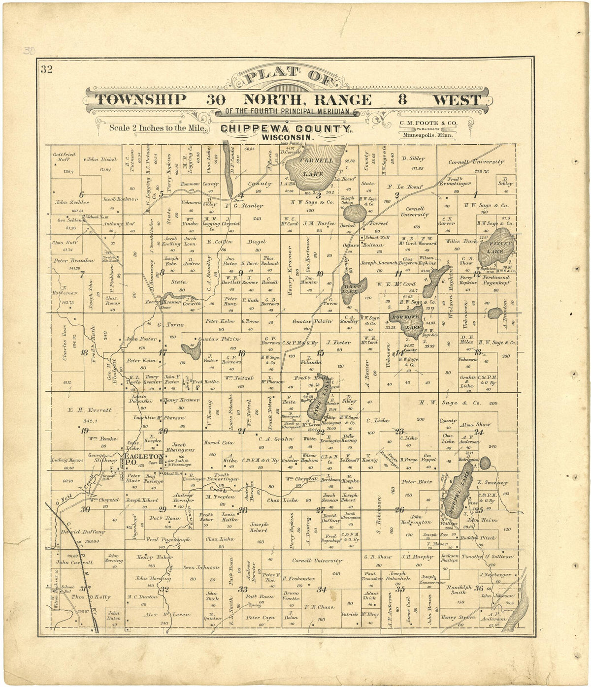 Plat of Township 30 North, Range 8 West from Plat Book of Chippewa County, Wisconsin 1888 by Relic Map Company