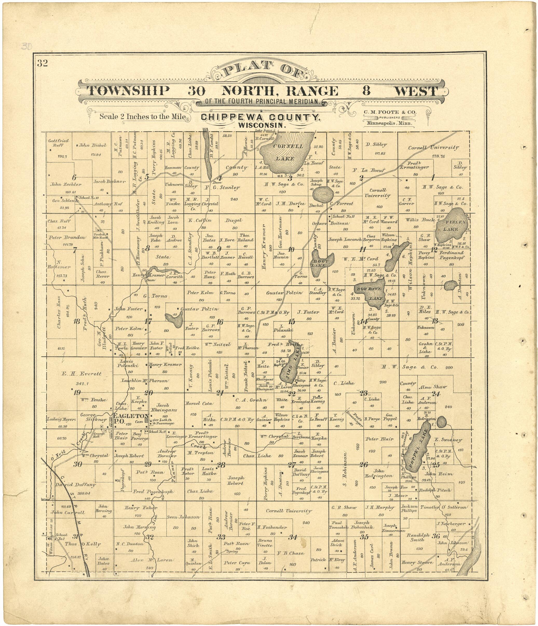 This old map of Plat of Township 30 North, Range 8 West from Plat Book of Chippewa County, Wisconsin from 1888 was created by C. M. (Charles M.) Foote in 1888