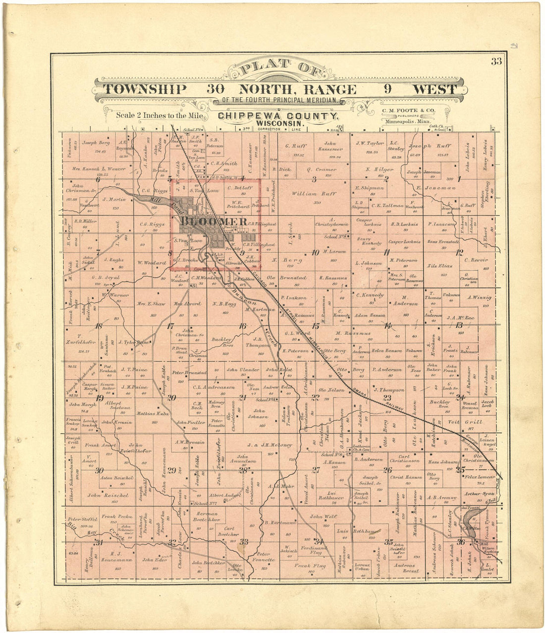 This old map of Plat of Township 30 North, Range 9 West from Plat Book of Chippewa County, Wisconsin from 1888 was created by C. M. (Charles M.) Foote in 1888