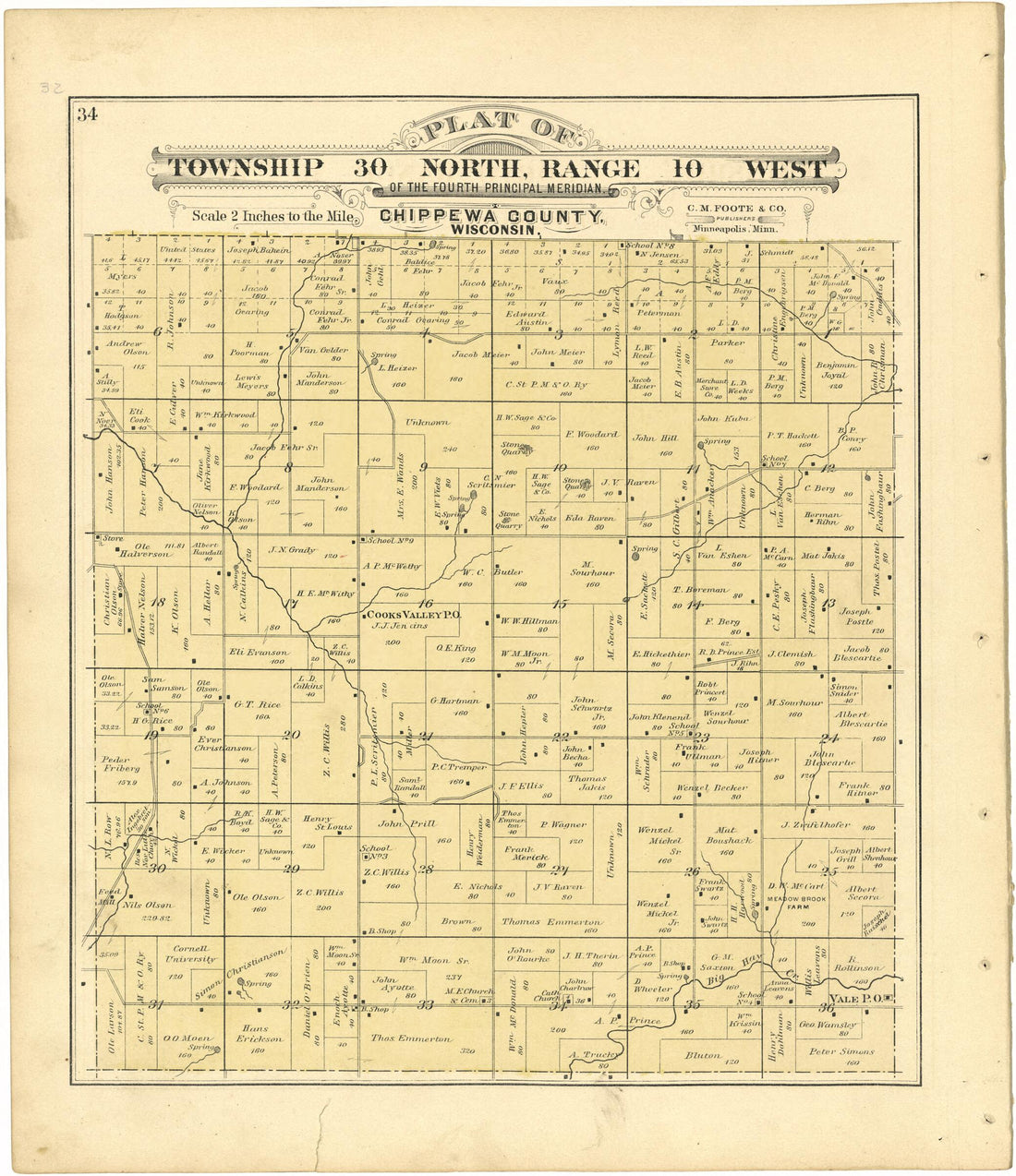 This old map of Plat of Township 30 North, Range 10 West from Plat Book of Chippewa County, Wisconsin from 1888 was created by C. M. (Charles M.) Foote in 1888