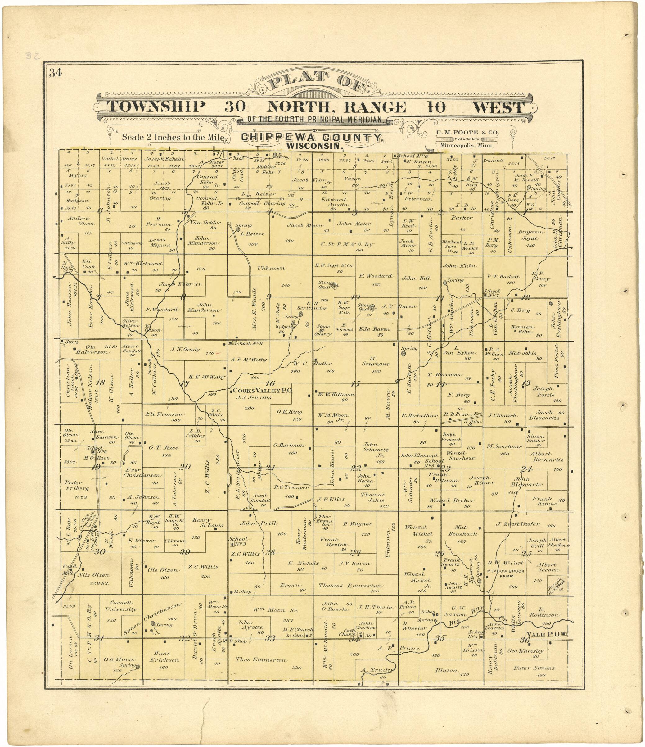 This old map of Plat of Township 30 North, Range 10 West from Plat Book of Chippewa County, Wisconsin from 1888 was created by C. M. (Charles M.) Foote in 1888