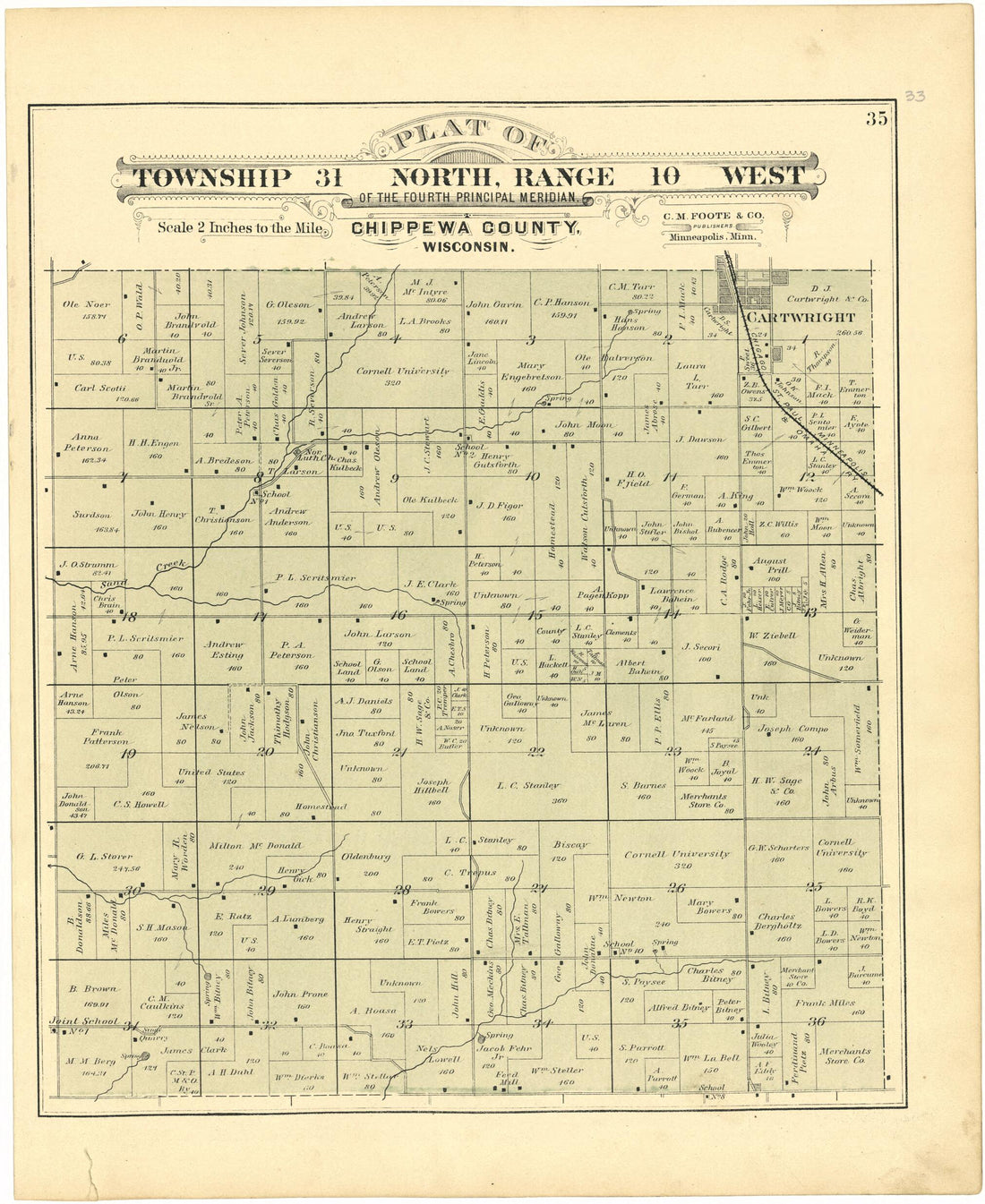 This old map of Plat of Township 31 North, Range 10 West from Plat Book of Chippewa County, Wisconsin from 1888 was created by C. M. (Charles M.) Foote in 1888