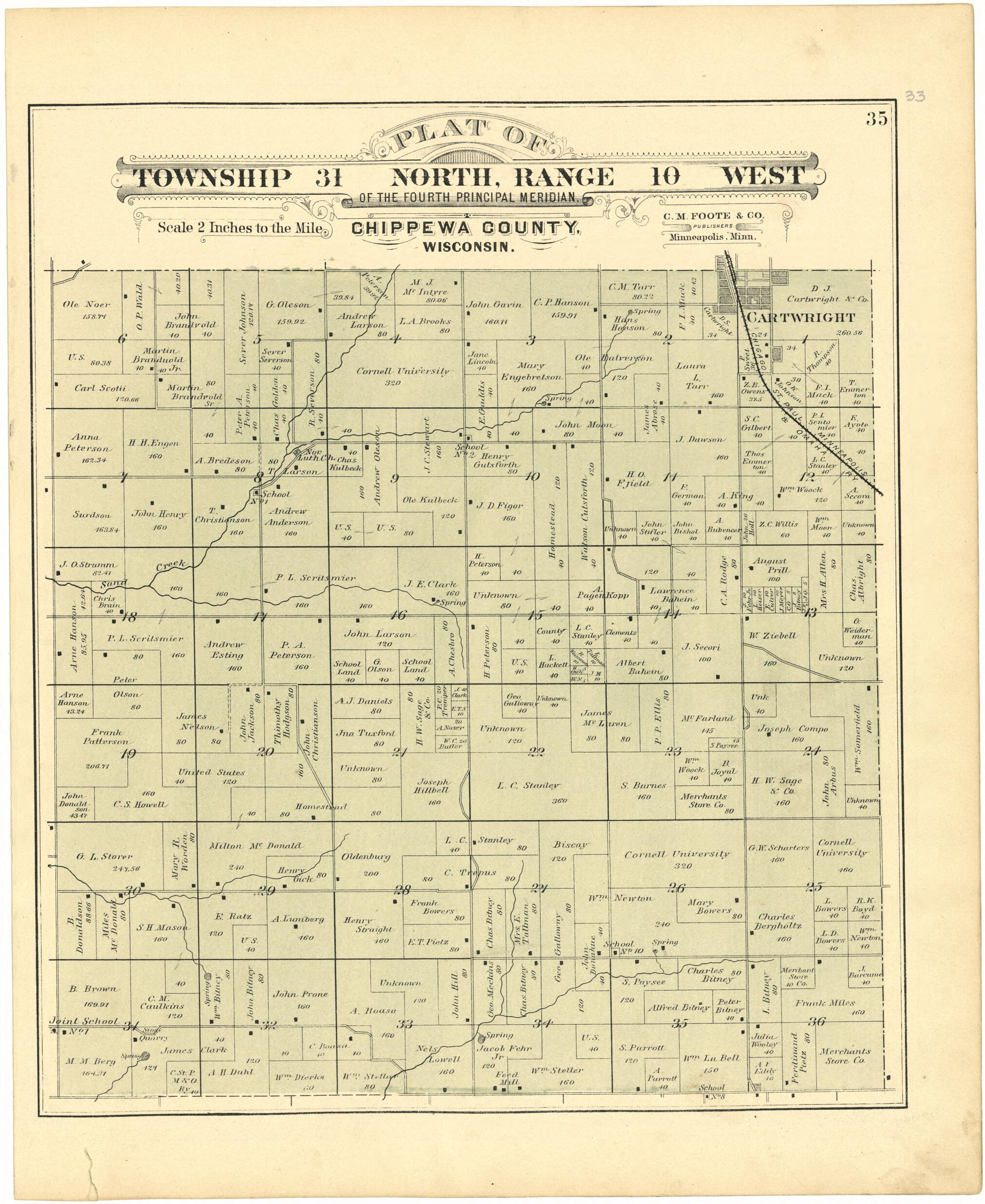 This old map of Plat of Township 31 North, Range 10 West from Plat Book of Chippewa County, Wisconsin from 1888 was created by C. M. (Charles M.) Foote in 1888