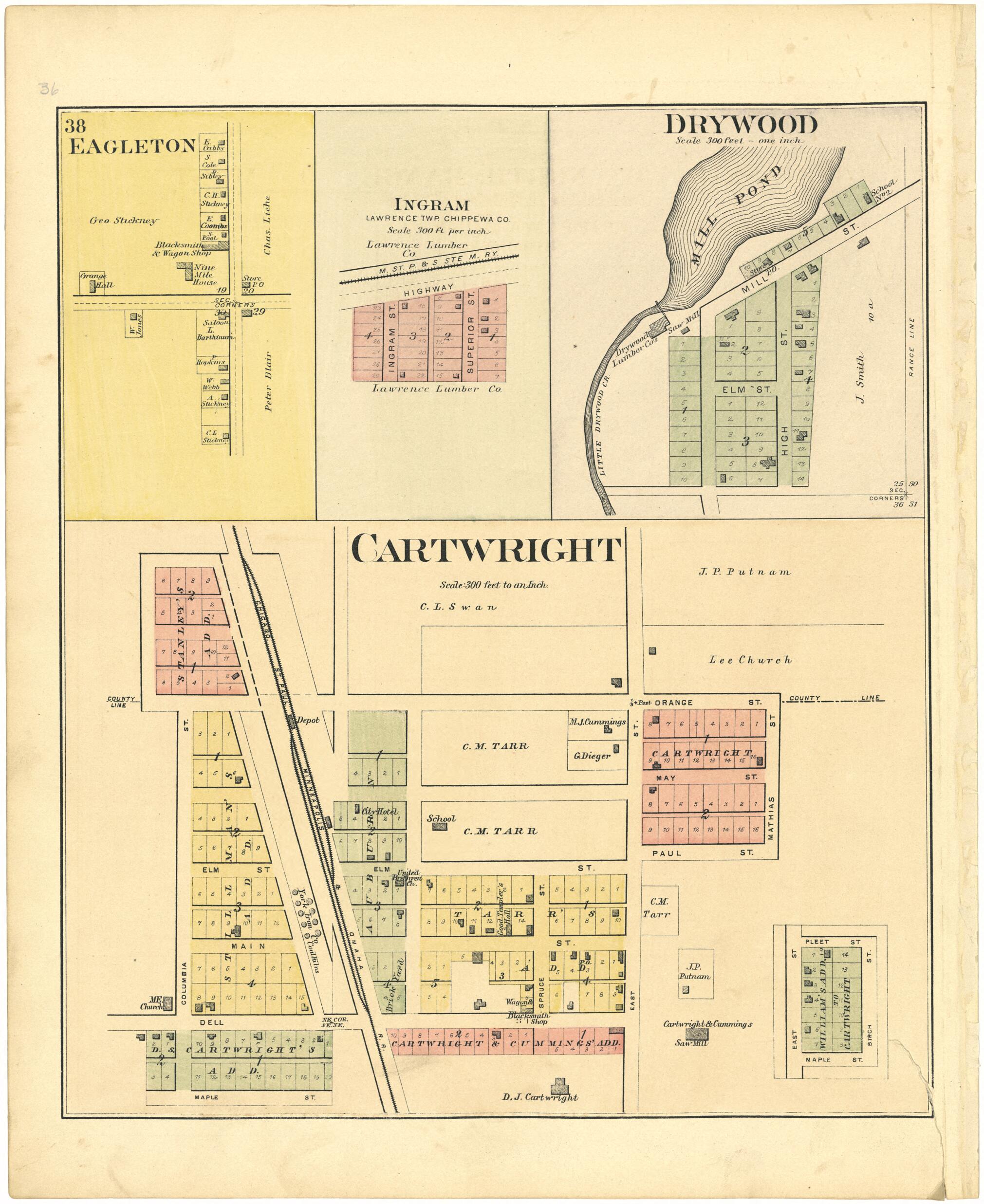 This old map of Drywood; Cartwright from Plat Book of Chippewa County, Wisconsin from 1888 was created by C. M. (Charles M.) Foote in 1888
