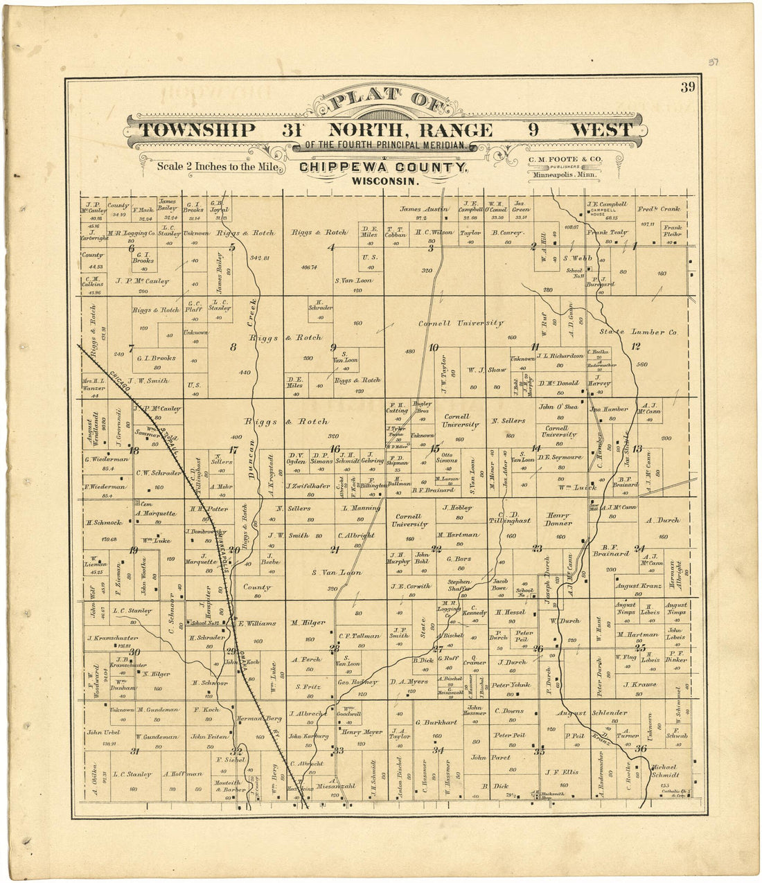 This old map of Plat of Township 31 North, Range 9 West from Plat Book of Chippewa County, Wisconsin from 1888 was created by C. M. (Charles M.) Foote in 1888