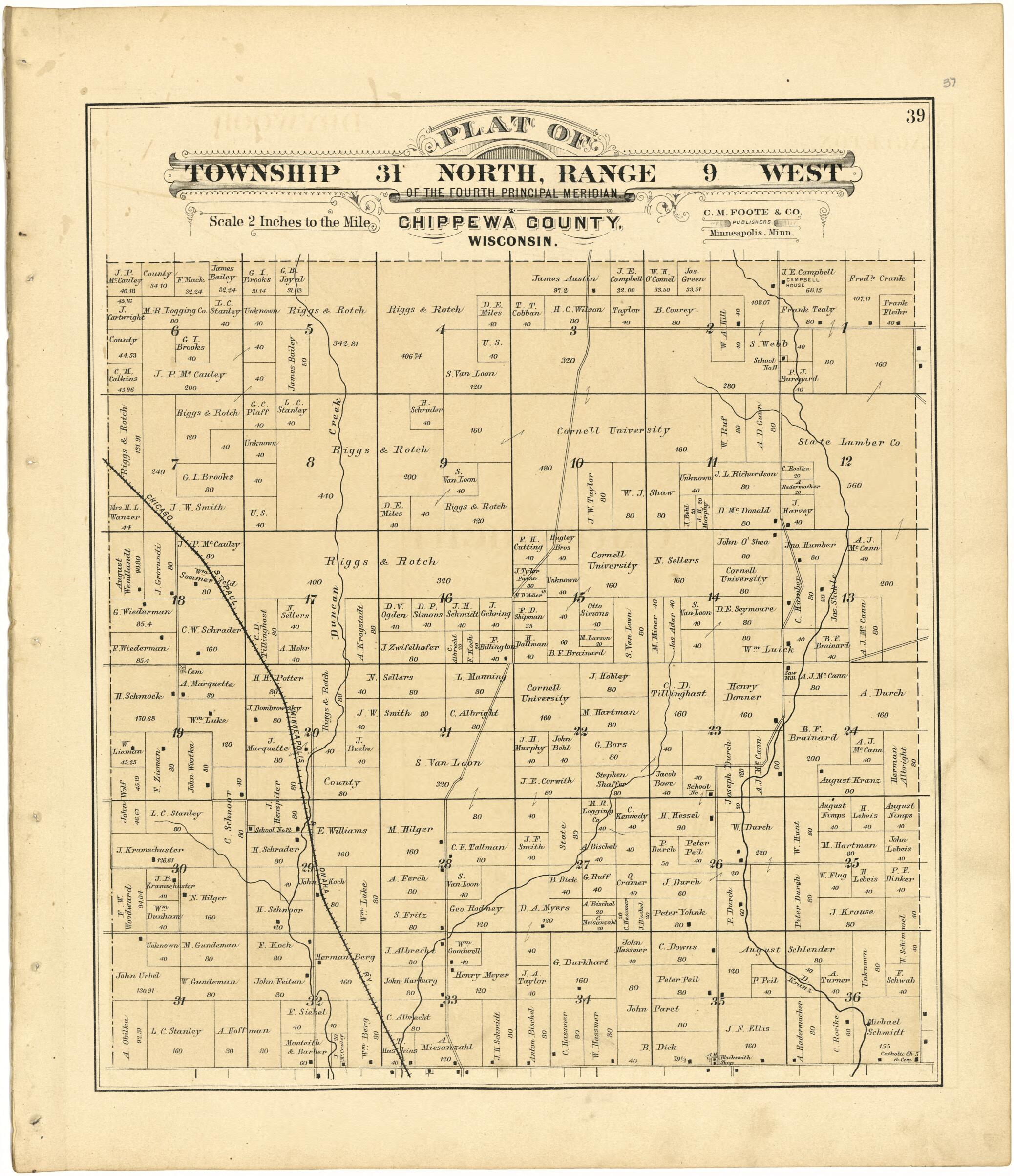 This old map of Plat of Township 31 North, Range 9 West from Plat Book of Chippewa County, Wisconsin from 1888 was created by C. M. (Charles M.) Foote in 1888