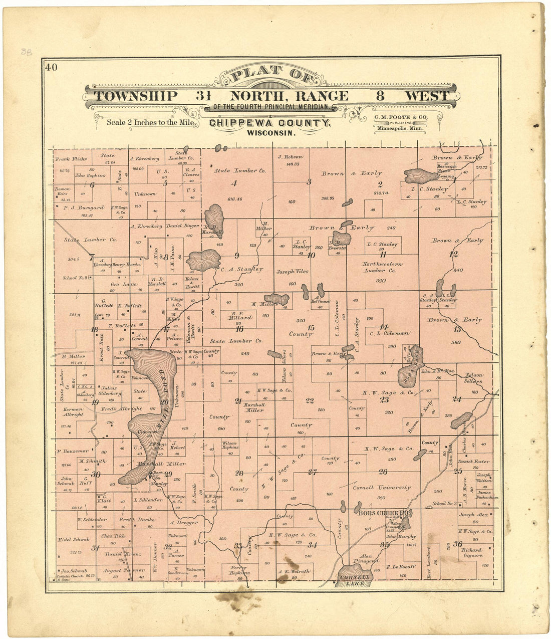 This old map of Plat of Township 31 North, Range 8 West from Plat Book of Chippewa County, Wisconsin from 1888 was created by C. M. (Charles M.) Foote in 1888