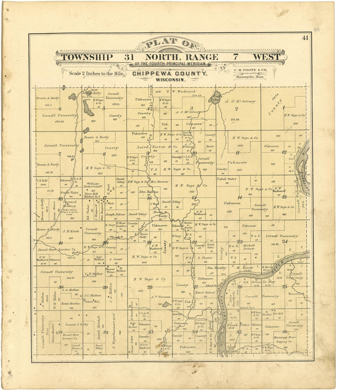 This old map of Plat of Township 31 North, Range 7 West from Plat Book of Chippewa County, Wisconsin from 1888 was created by C. M. (Charles M.) Foote in 1888