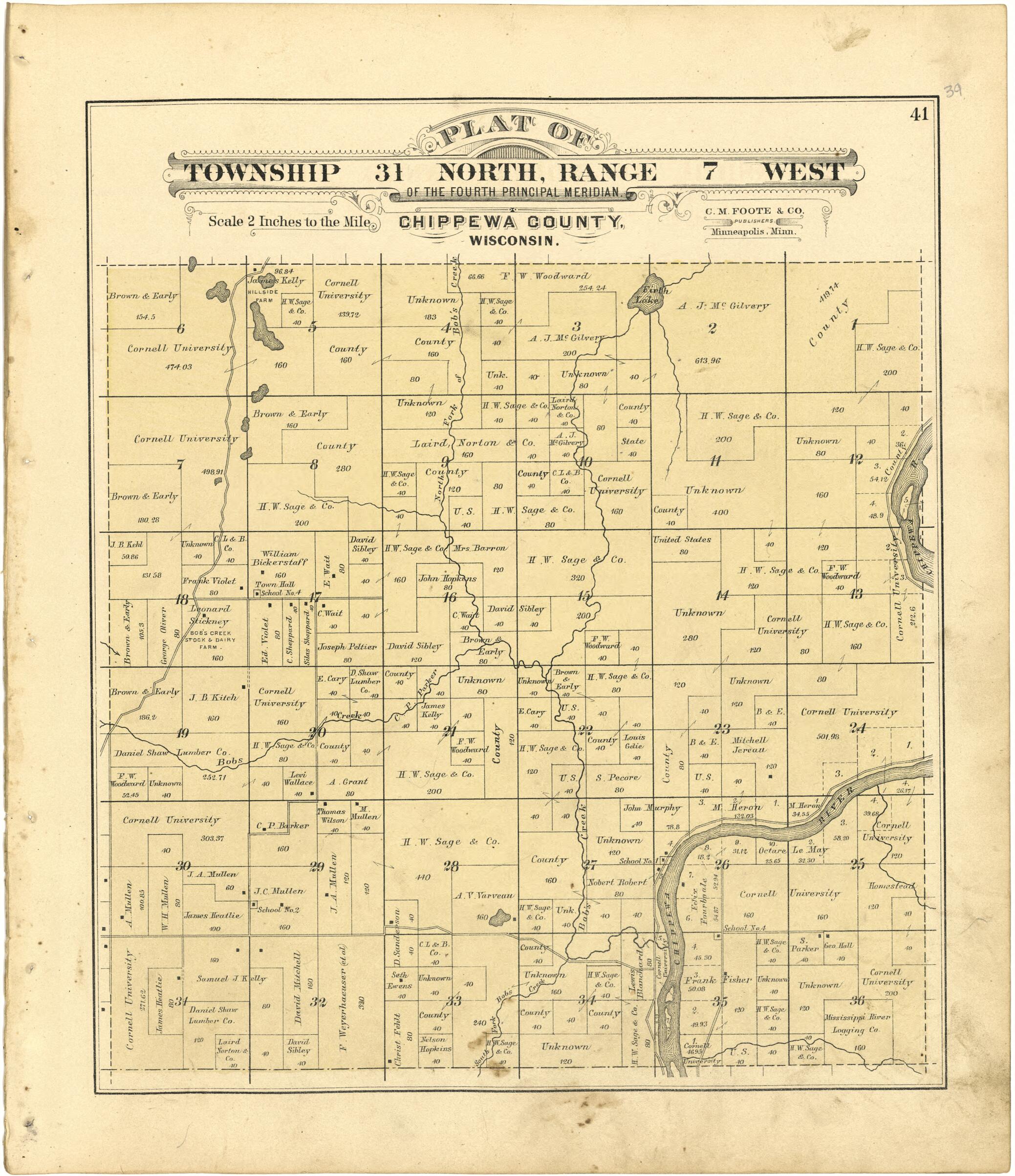 This old map of Plat of Township 31 North, Range 7 West from Plat Book of Chippewa County, Wisconsin from 1888 was created by C. M. (Charles M.) Foote in 1888