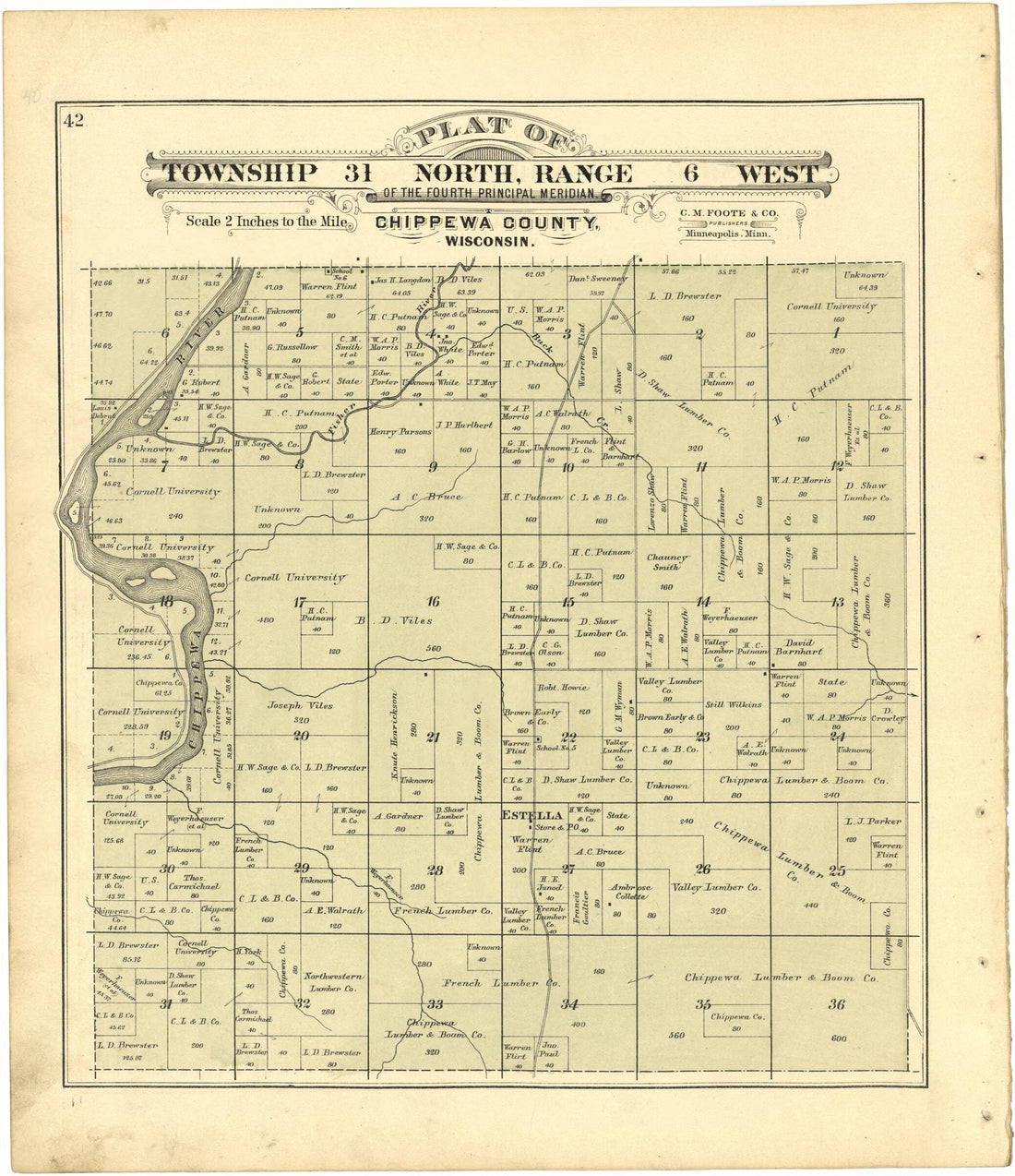 This old map of Plat of Township 31 North, Range 6 West from Plat Book of Chippewa County, Wisconsin from 1888 was created by C. M. (Charles M.) Foote in 1888