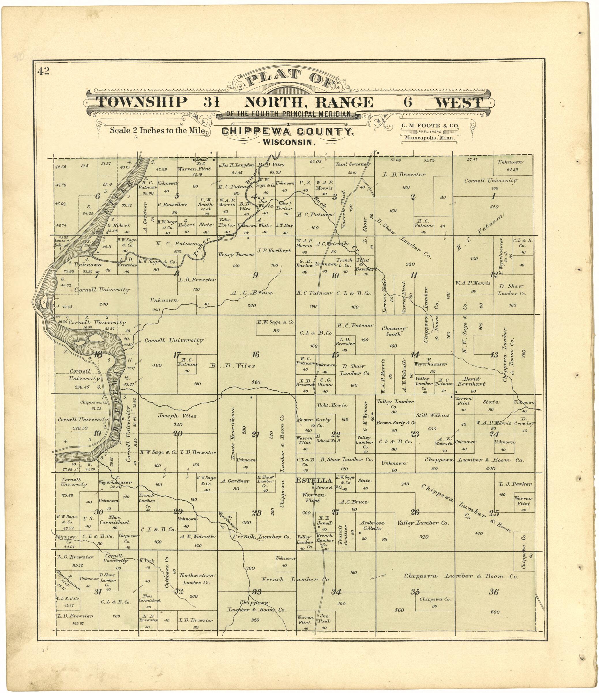 This old map of Plat of Township 31 North, Range 6 West from Plat Book of Chippewa County, Wisconsin from 1888 was created by C. M. (Charles M.) Foote in 1888