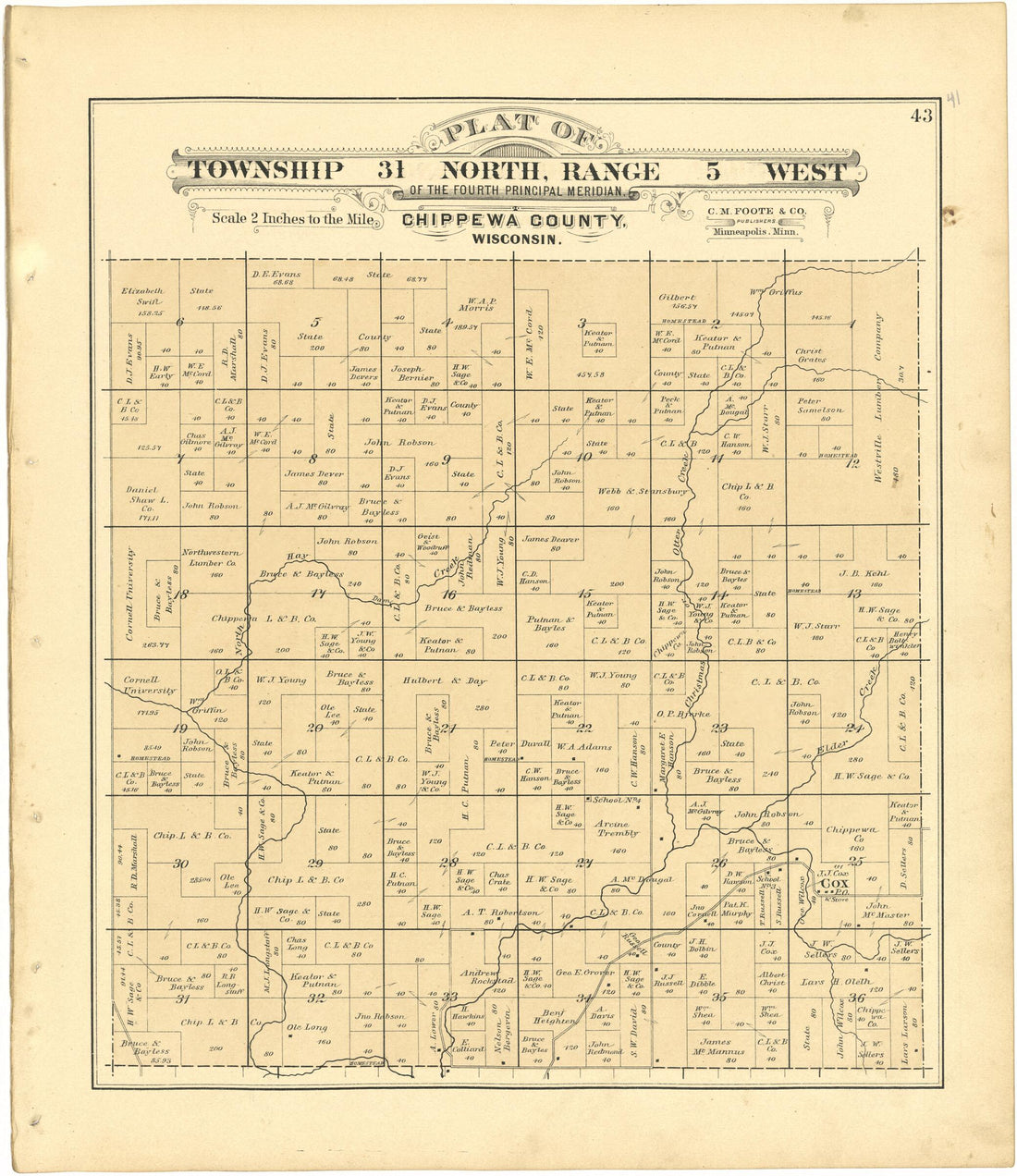 This old map of Plat of Township 31 North, Range 5 West from Plat Book of Chippewa County, Wisconsin from 1888 was created by C. M. (Charles M.) Foote in 1888