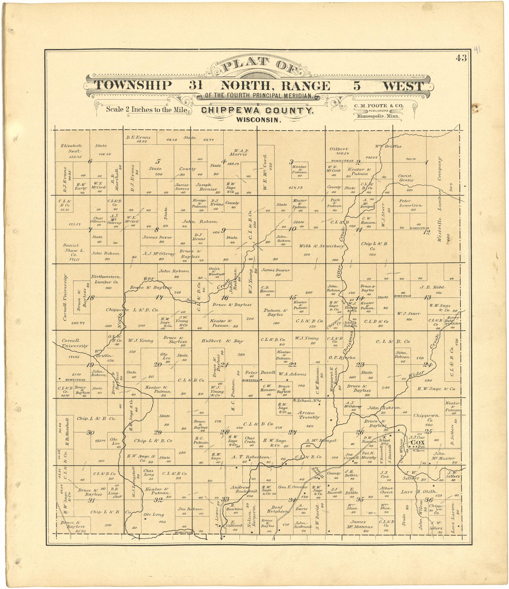 This old map of Plat of Township 31 North, Range 5 West from Plat Book of Chippewa County, Wisconsin from 1888 was created by C. M. (Charles M.) Foote in 1888