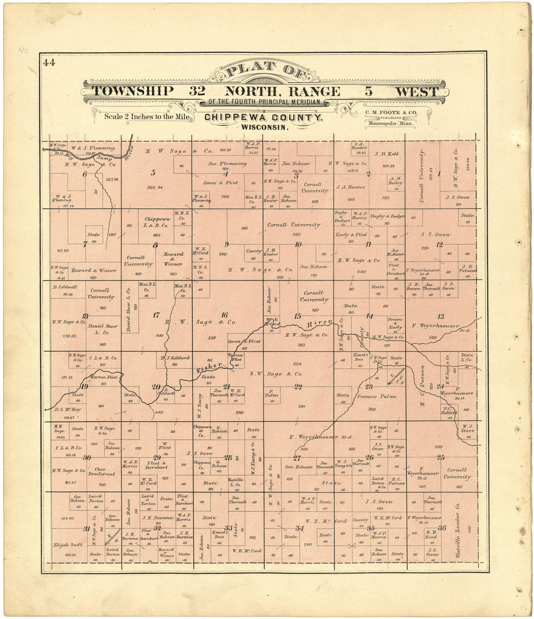 This old map of Plat of Township 32 North, Range 5 West from Plat Book of Chippewa County, Wisconsin from 1888 was created by C. M. (Charles M.) Foote in 1888